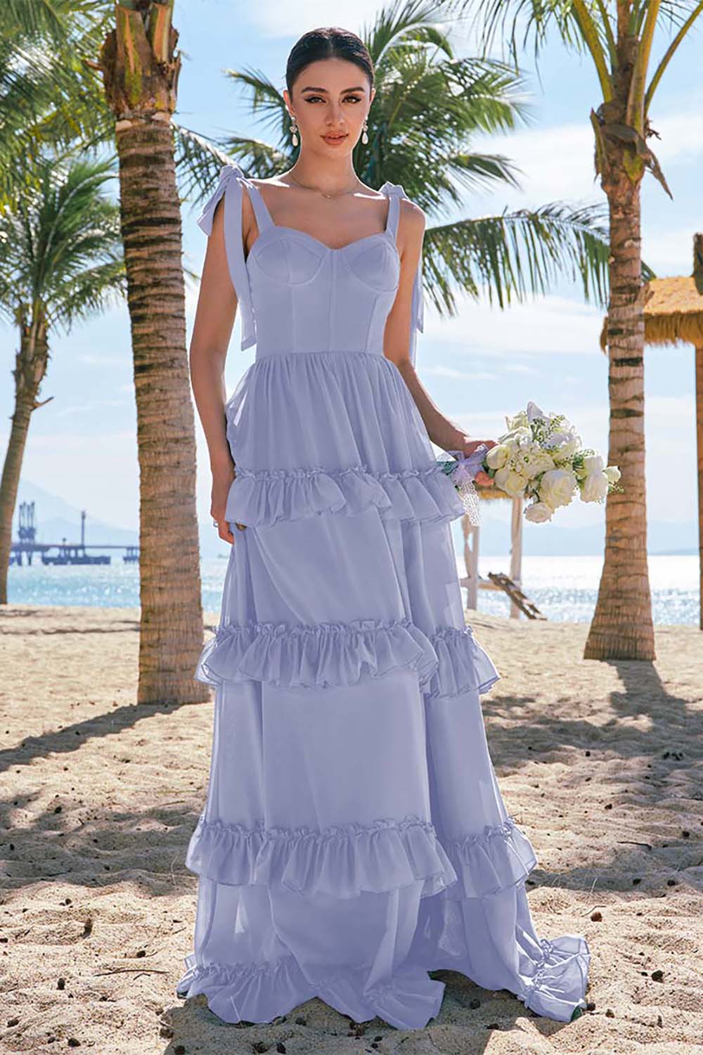 Eucalyptus A-Line Bow Tie Straps Corset Chiffon Long Bridesmaid Dress with Slit