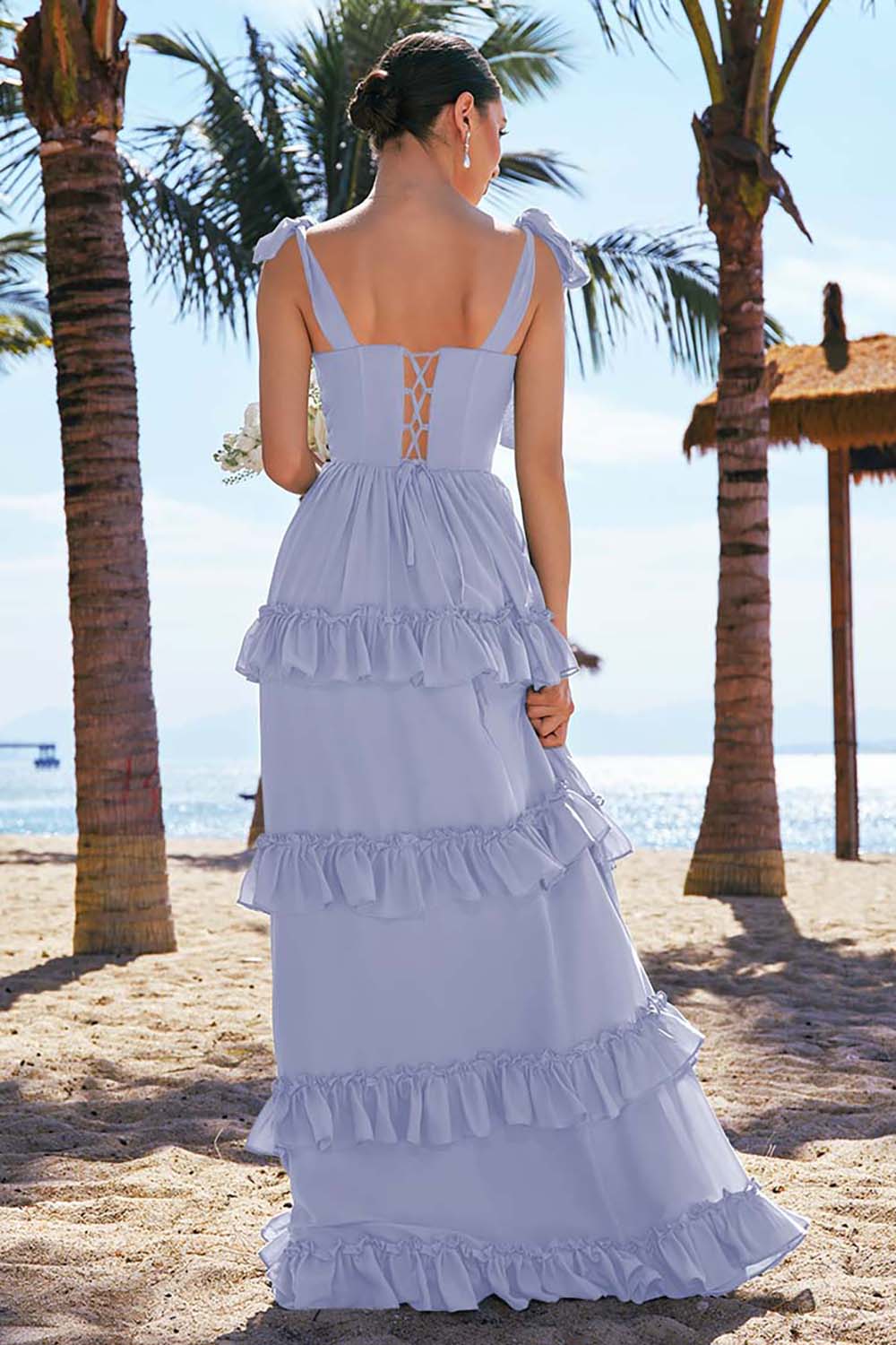 Eucalyptus A-Line Bow Tie Straps Corset Chiffon Long Bridesmaid Dress with Slit