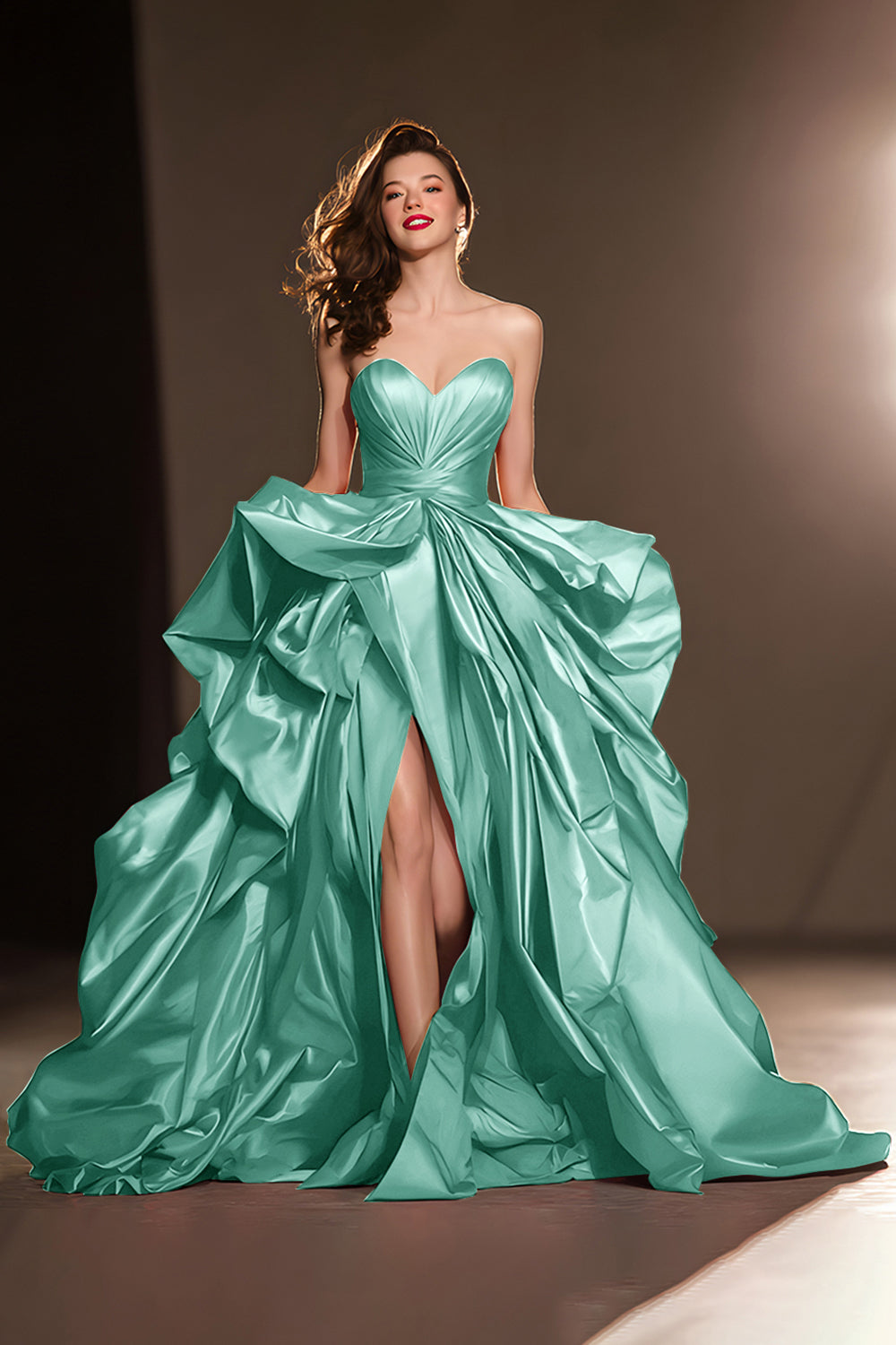 A-Line Sweetheart Dark Red Ruffle Pageant Dress with Slit
