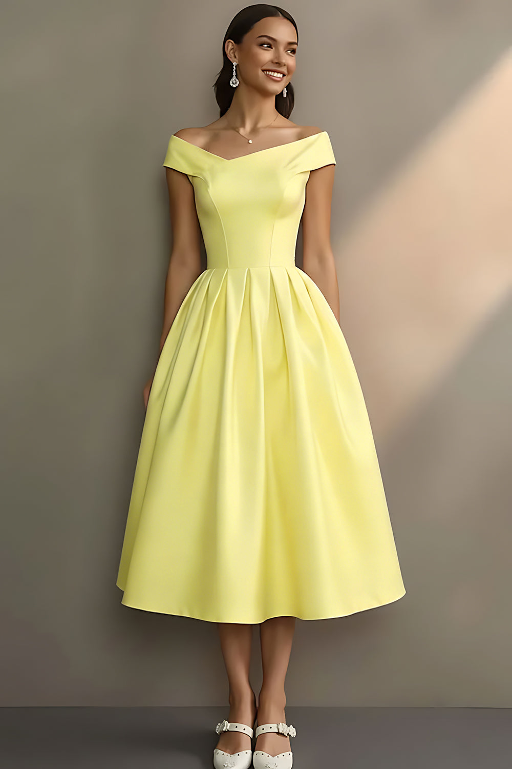 Robe de fiançailles midi trapèze blanche à épaules dénudées