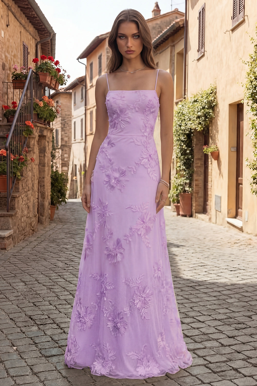 Yellow A-Line Spaghetti Straps Lace-Up Back Long Prom Dress with Floral Embroidery