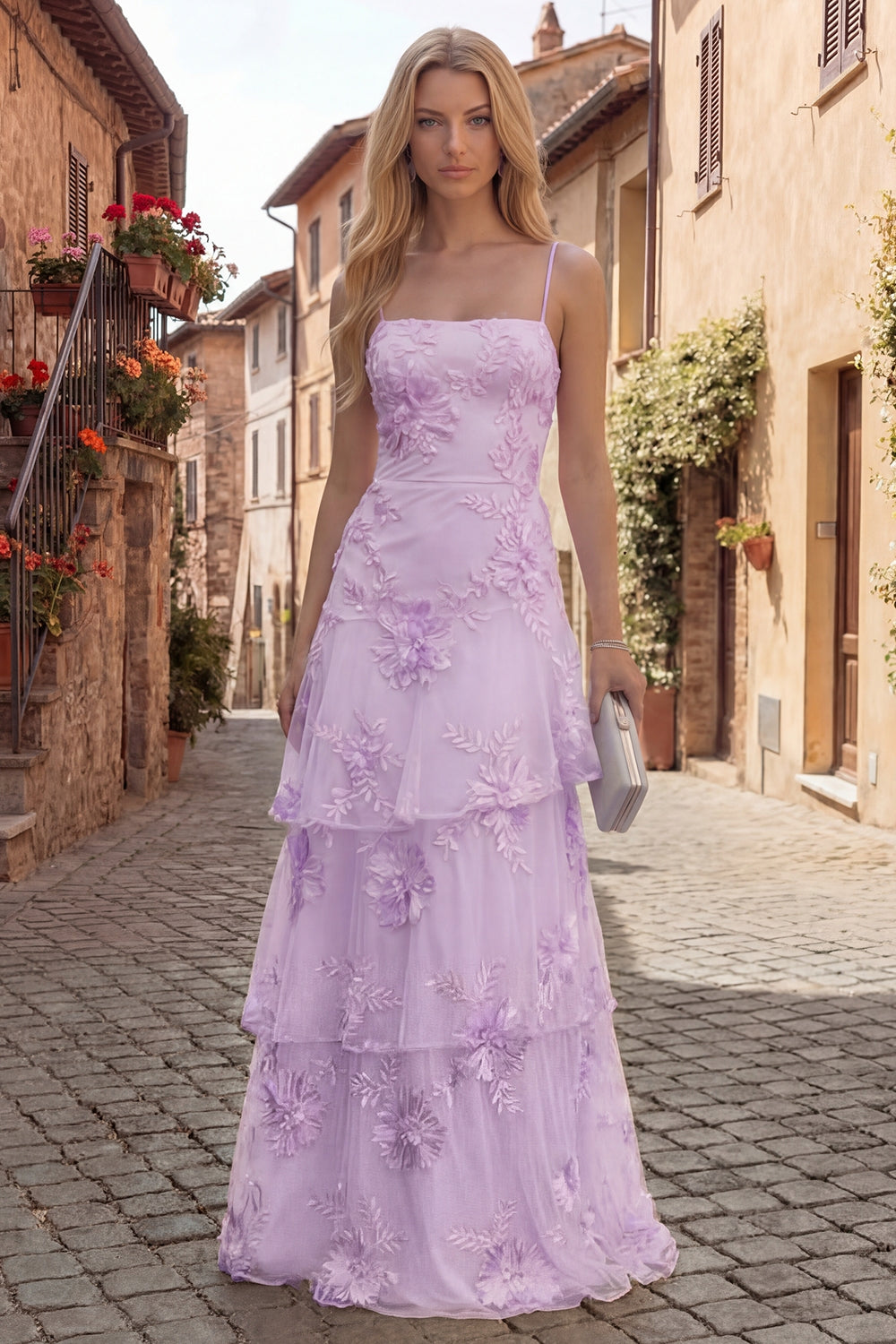 Yellow A-Line Spaghetti Straps Tiered Long Prom Dress with Floral Embroidery