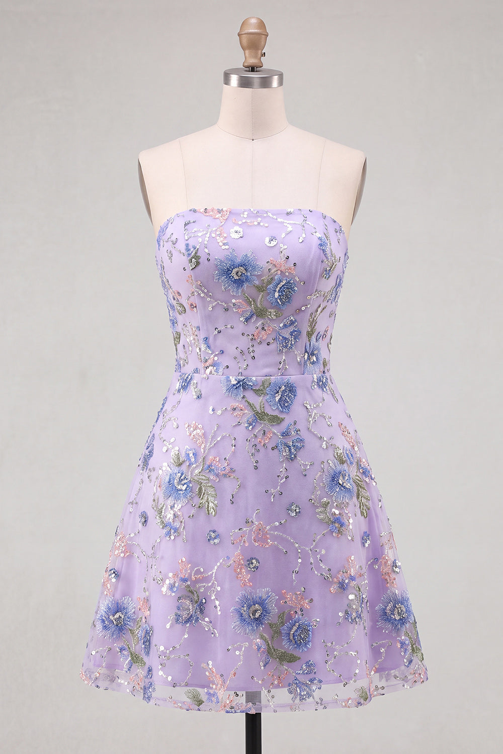Strapless Pink A-Line Floral Sequins Short Cocktail Dress