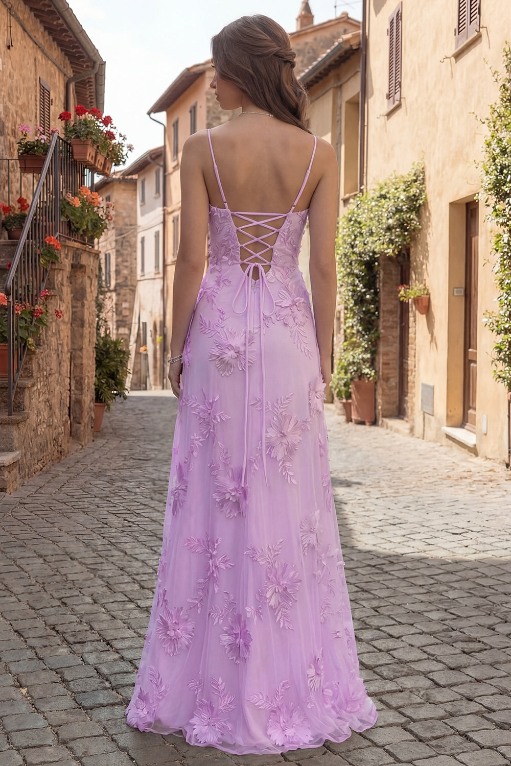 Yellow A-Line Spaghetti Straps Lace-Up Back Long Prom Dress with Floral Embroidery
