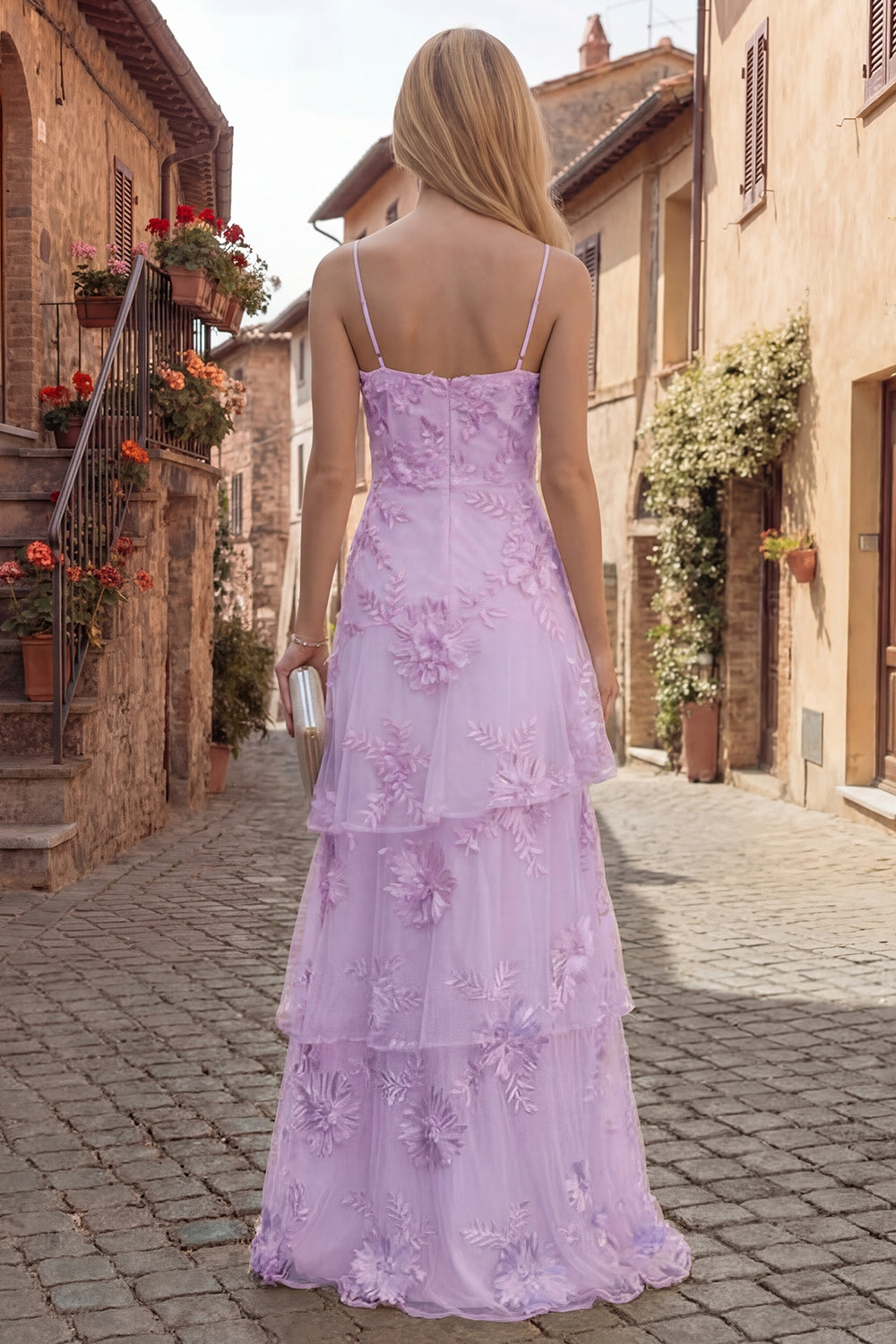Yellow A-Line Spaghetti Straps Tiered Long Prom Dress with Floral Embroidery