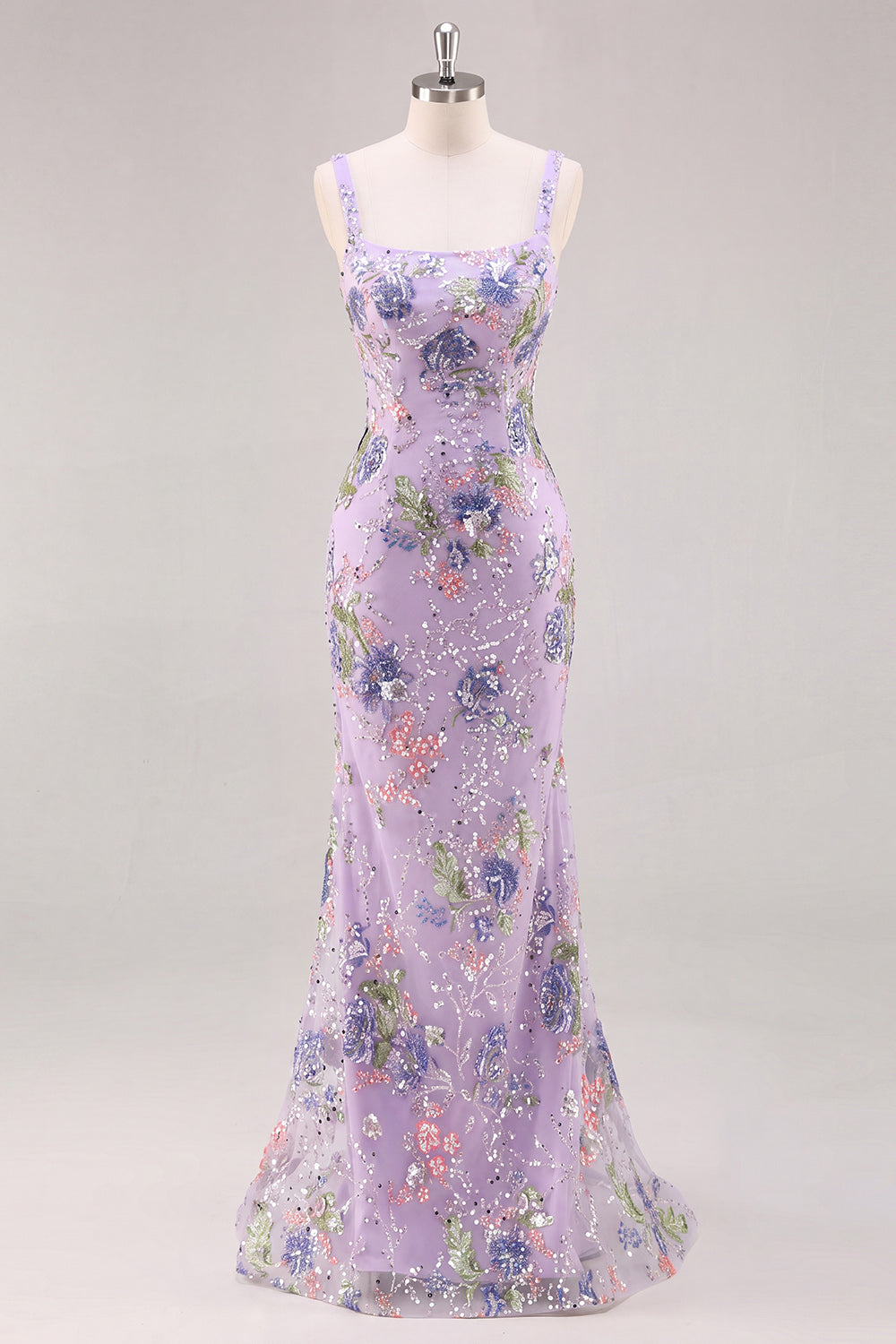Robe de bal sirène longue rose à col carré, ornée de fleurs et de perles