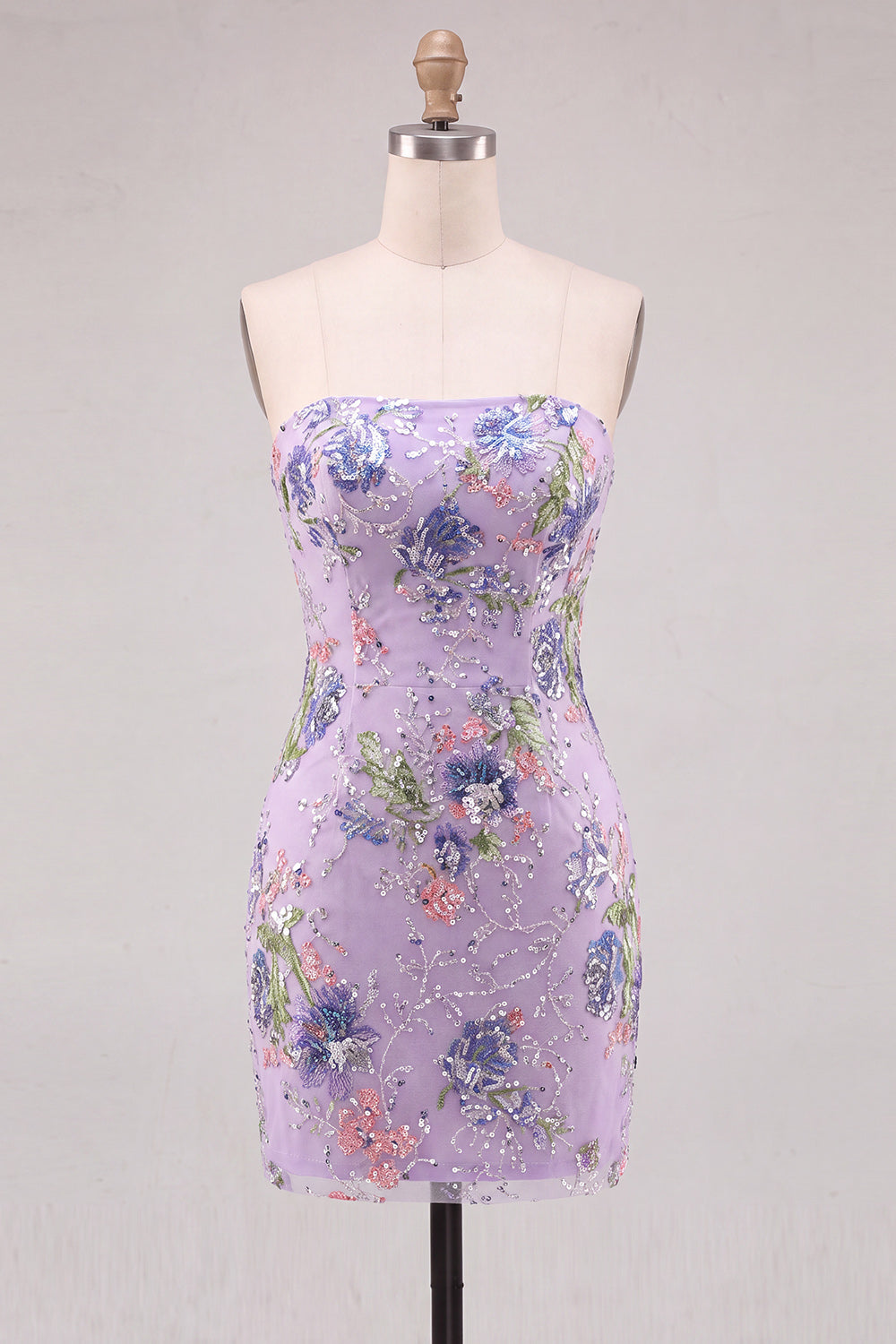 Pink Bodycon Strapless Floral Sequins Short Cocktail Dress