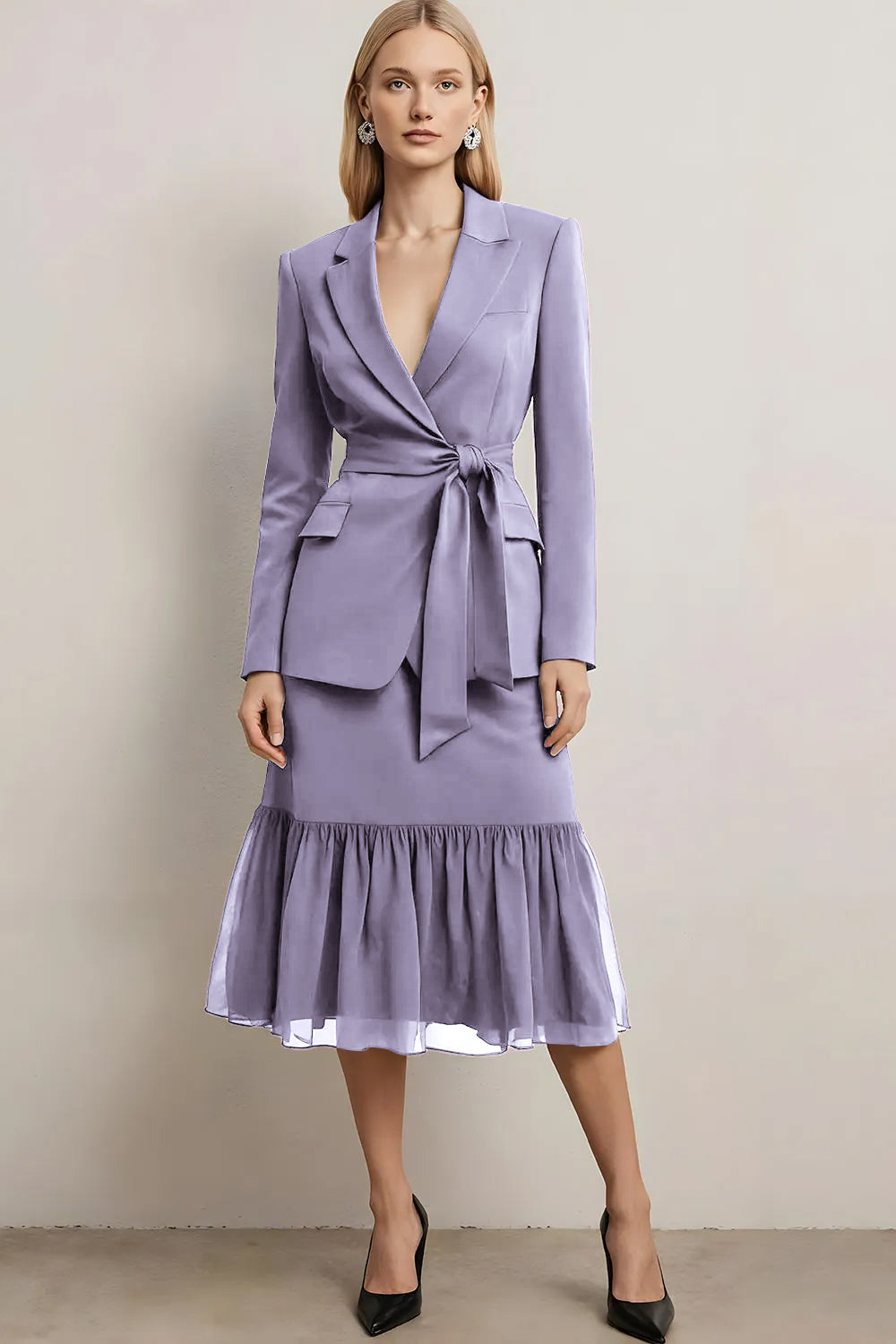 Dark Purple 2 Piece Peak Lapel Pencil Midi Business Suits