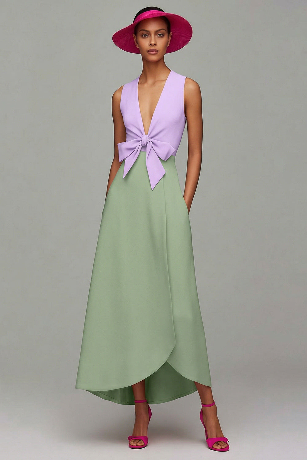 Orange And Fuchsia Colorblock V Neck A Line Formal Dress