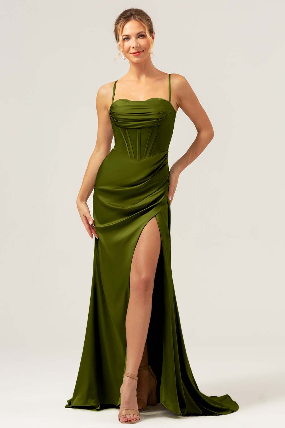 Dusty Blue Mermaid Spaghetti Straps Corset Satin Bridesmaid Dress with Slit