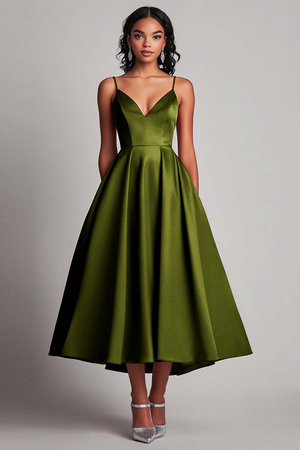 Red Satin A-Line Tea-Length Formal Dress