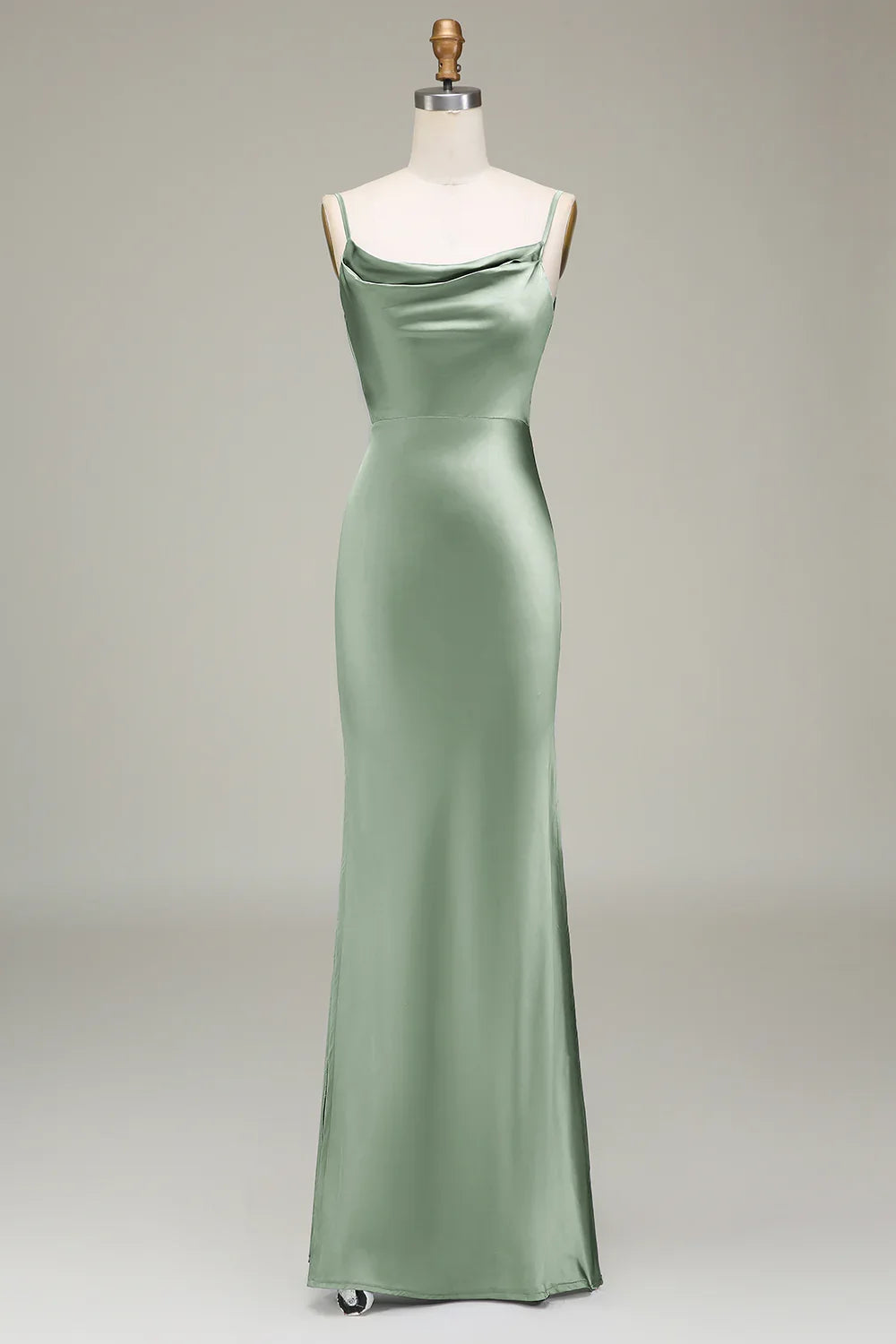 Dusty Blue Sheath Spaghetti Straps Satin Long Bridesmaid Dress