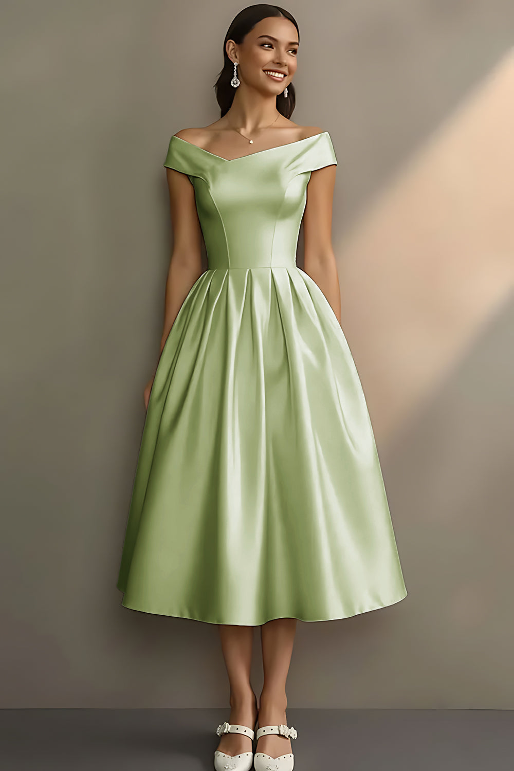 Robe de fiançailles midi trapèze blanche à épaules dénudées