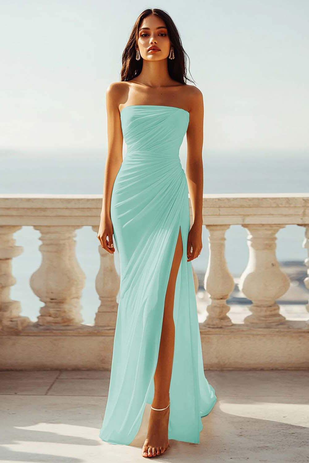 Ruched Strapless Chiffon Ivory Beach Engagement Dress with Slit