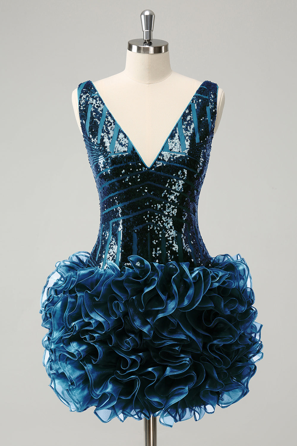 Glitter Dark Green V Neck Sequin Homecoming Dress with Detachable Ruffles