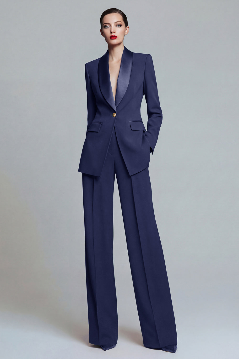 Tailleur pantalon femme 2 pièces vert foncé à revers châle avec poches