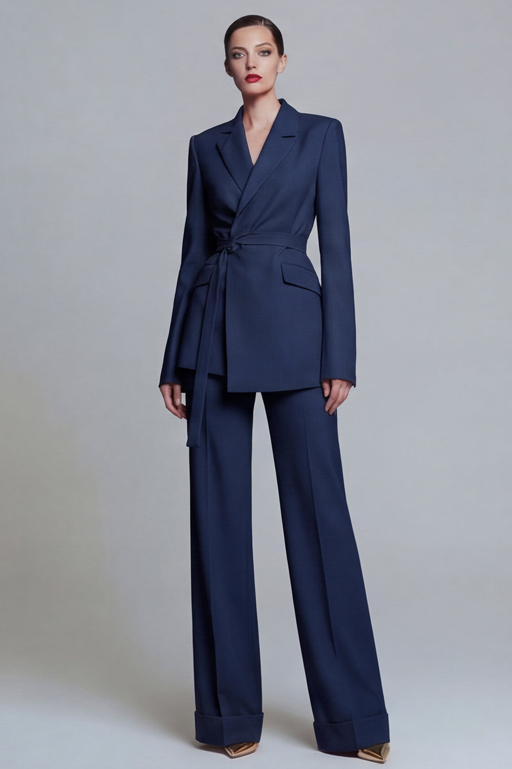 Fuchsia Notched Lapel 2-piece One Button Women's Work Suits with Belt