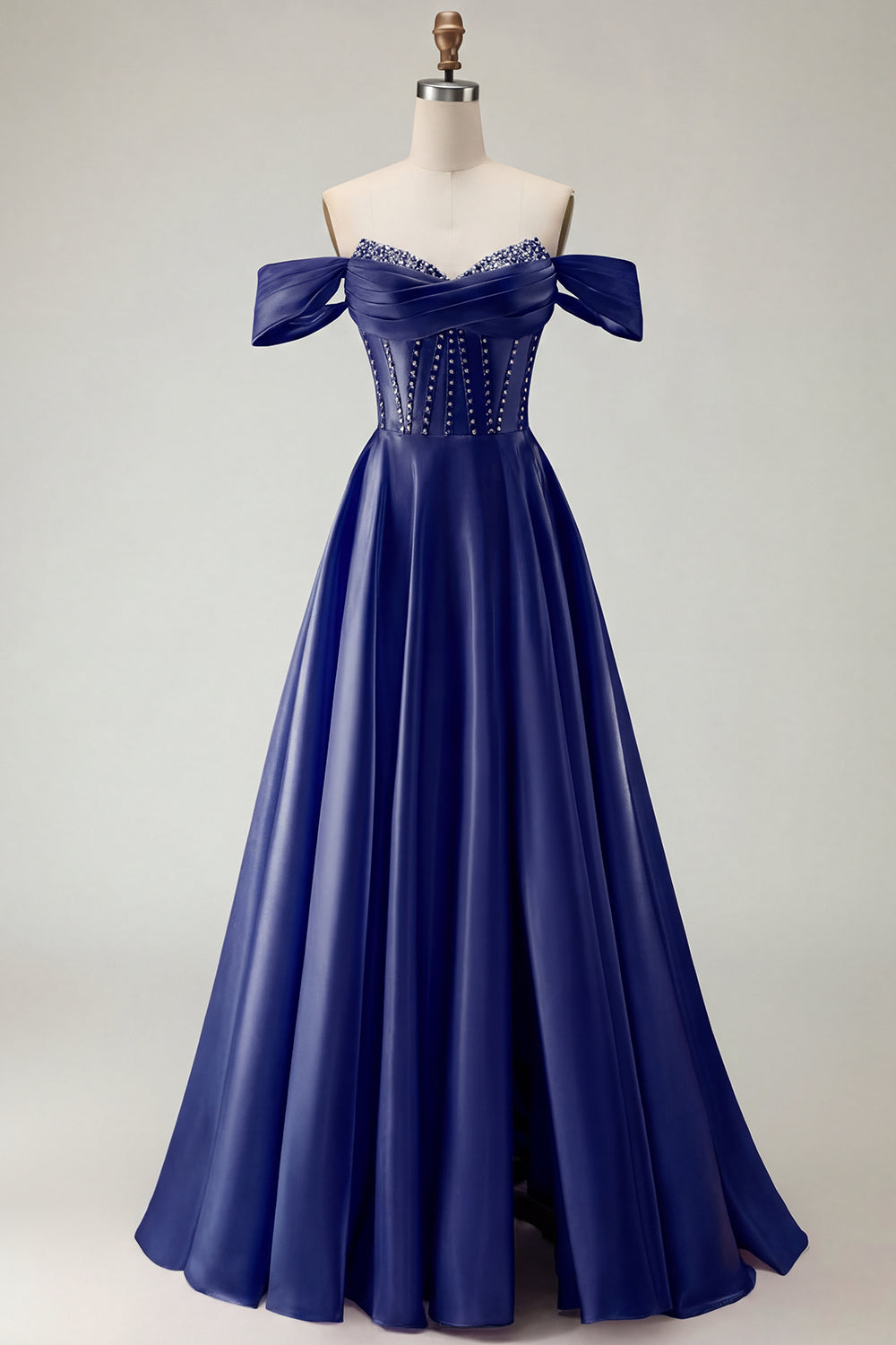 Robe de bal longue en tulle violet avec corset, épaules dénudées, perles, ligne A et fente