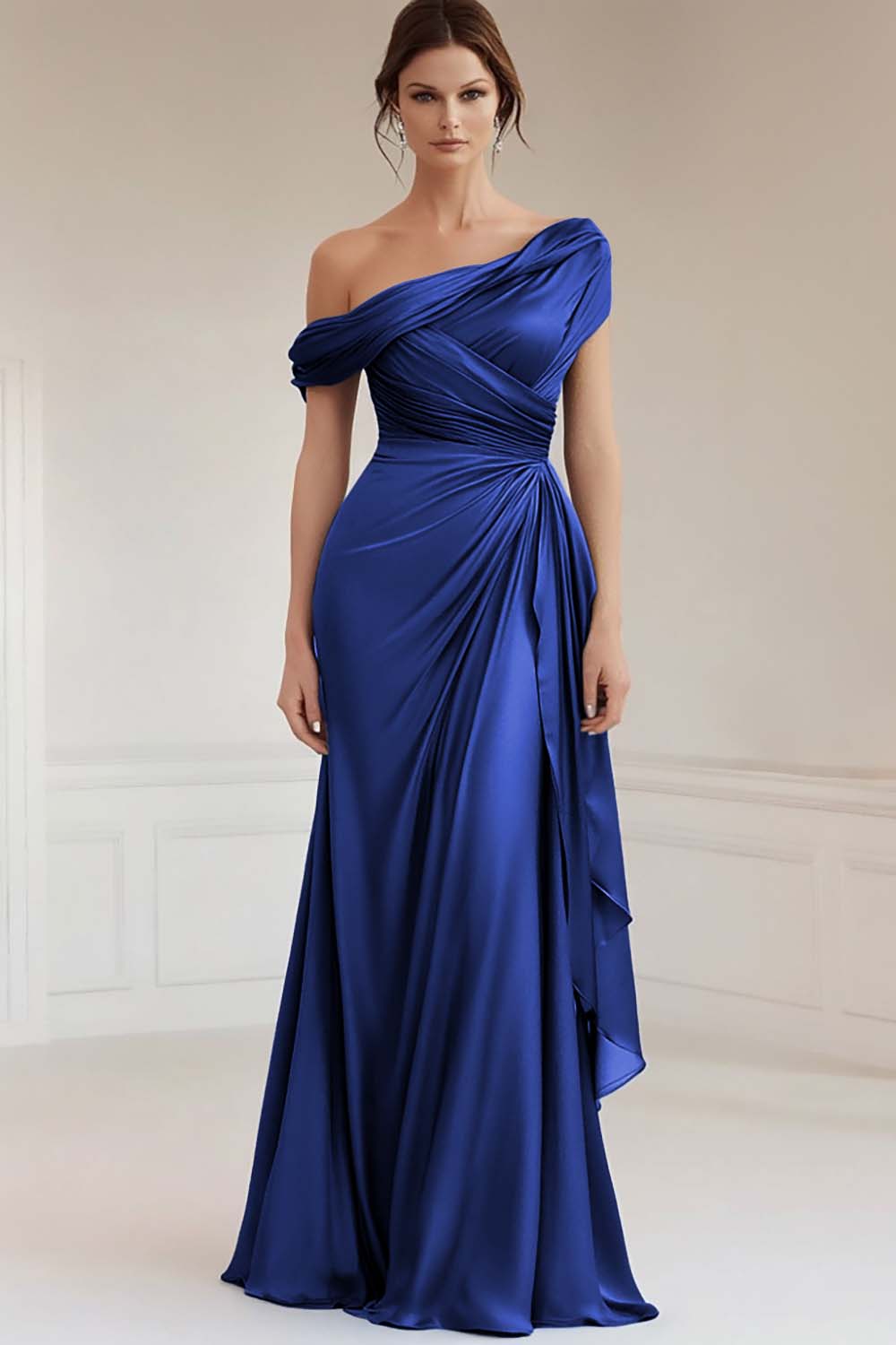 Mermaid Gray Blue One-Shoulder Satin Ruched Mother of the Bride Dress with Ruffles
