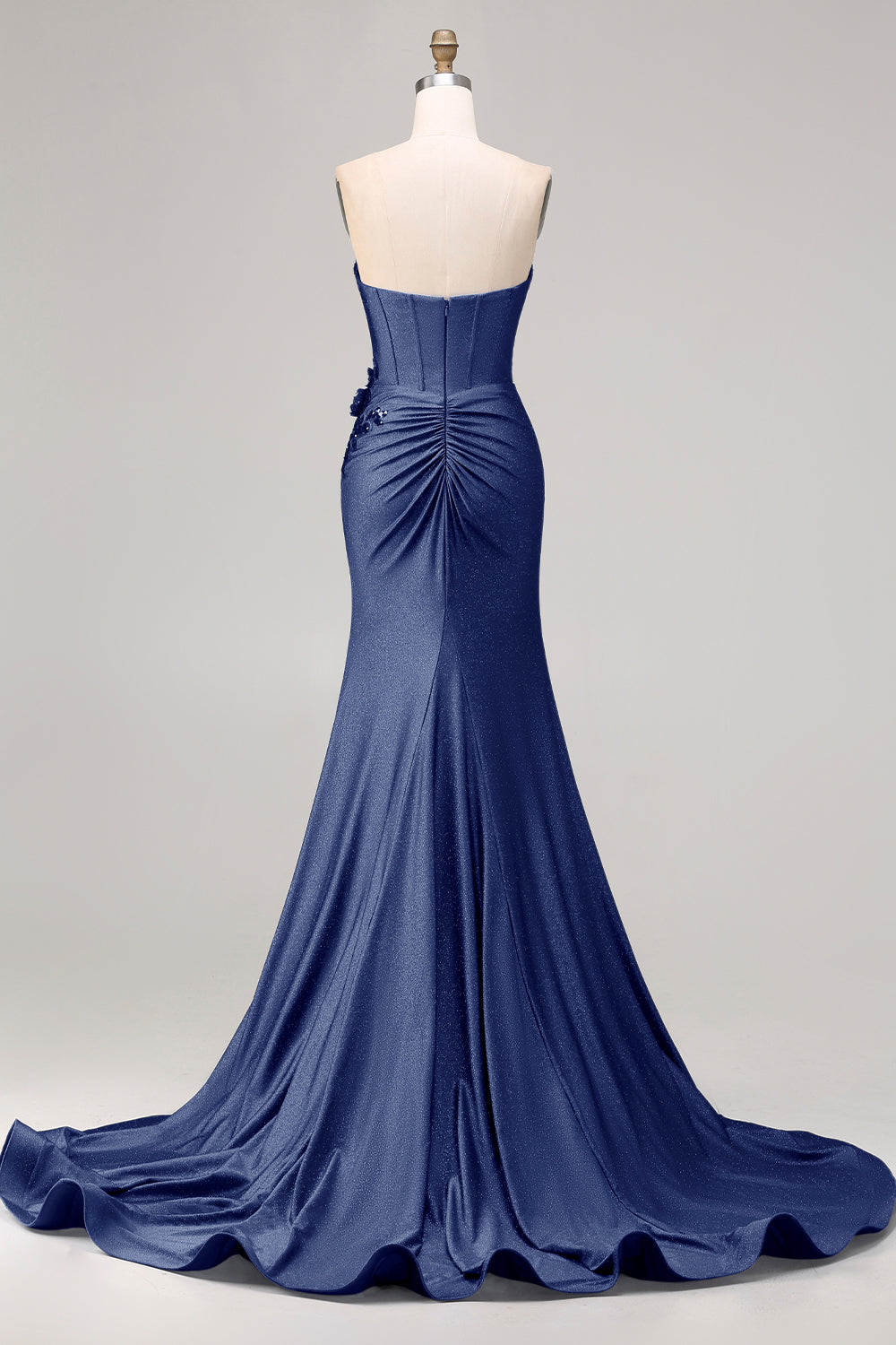 Royal Blue Strapless Mermaid 3D Flowers Beaded Long Prom Dress with Slit