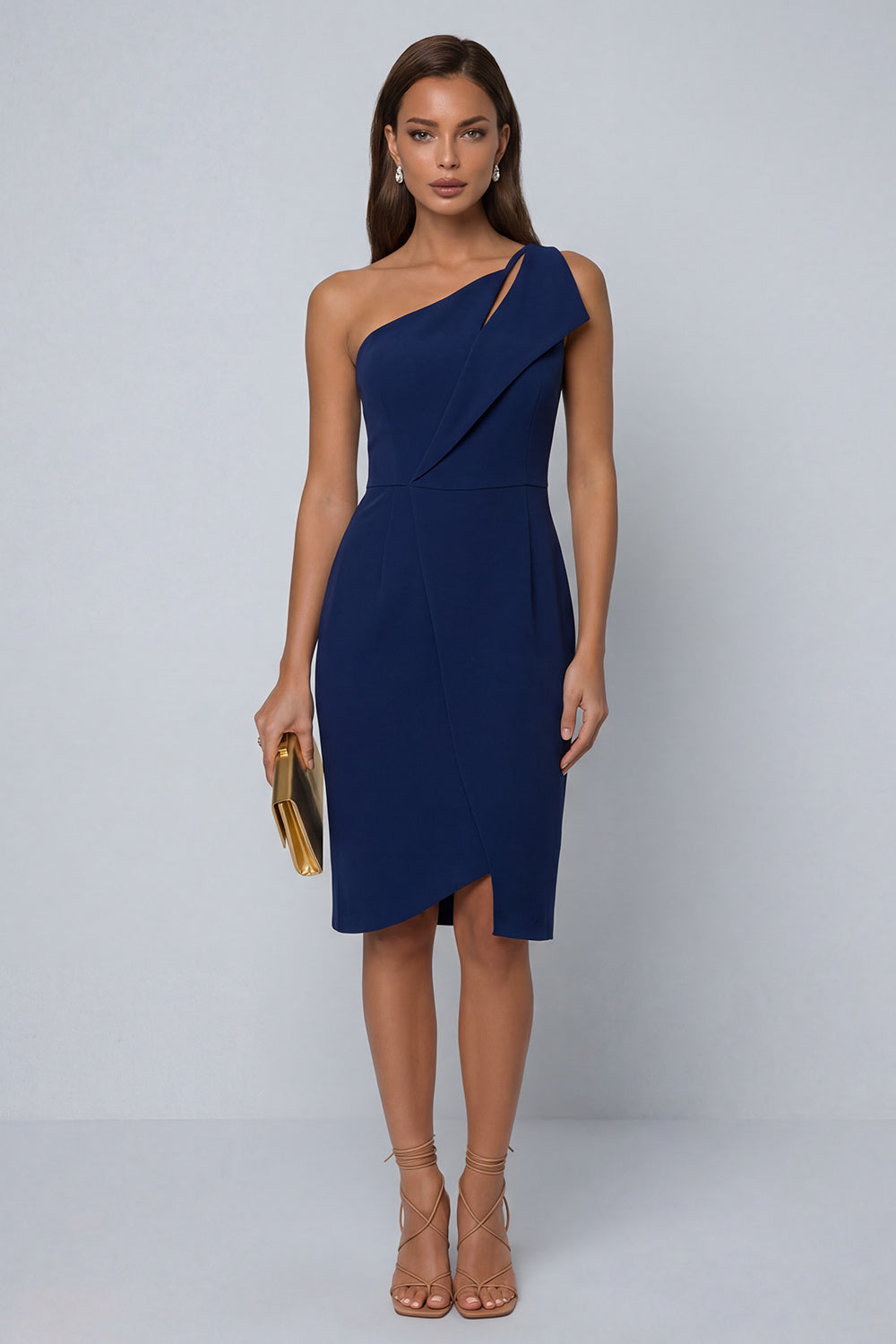 Black Bodycon One Shoulder Midi Work Dress with Slit