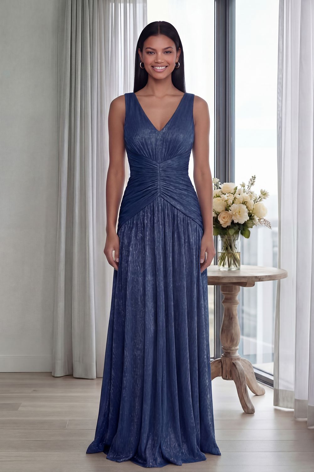 Dusty Rose V-Neck A-Line Pleated Long Formal Dress