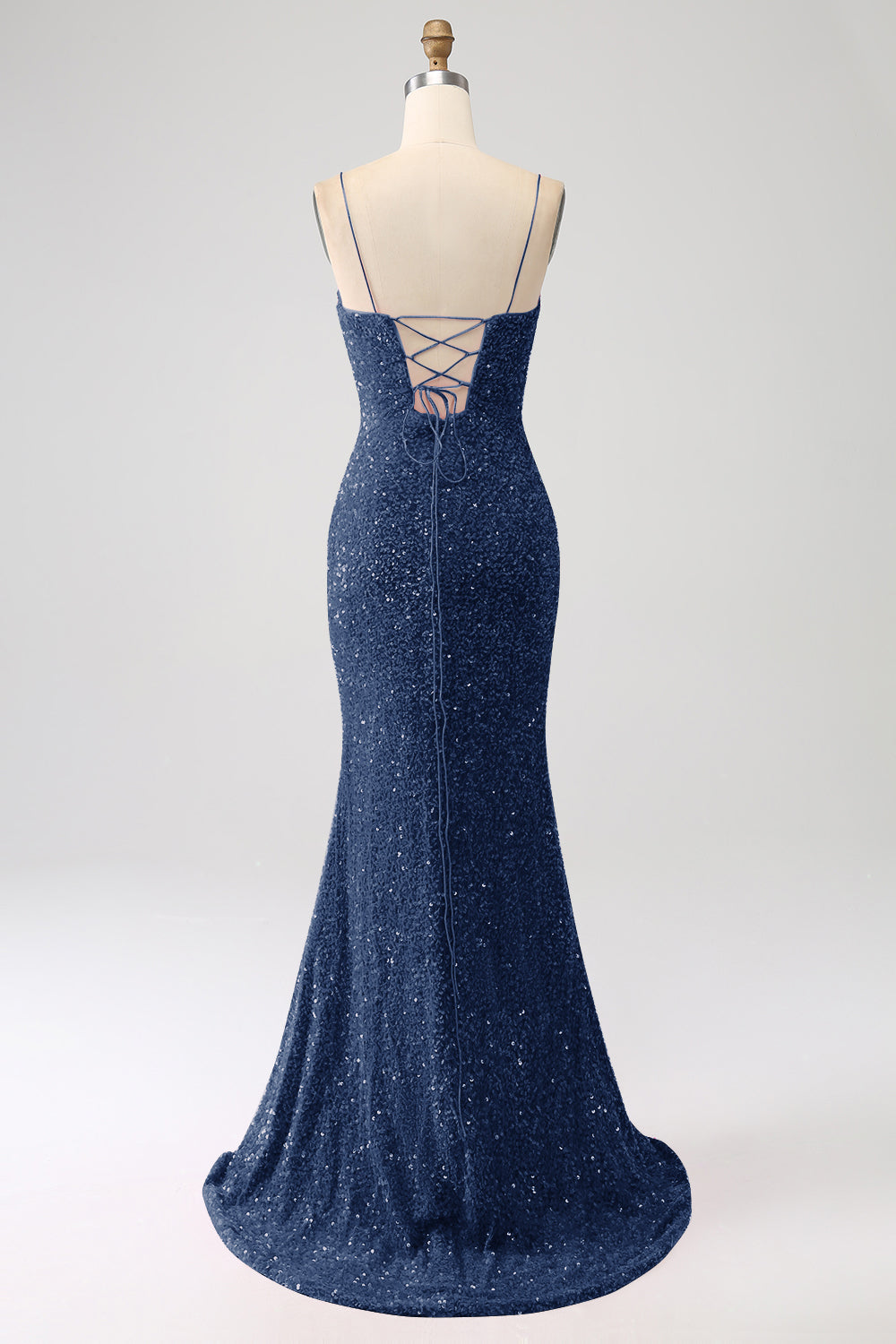 Robe de bal sirène marine à bretelles spaghetti avec sequins et fente