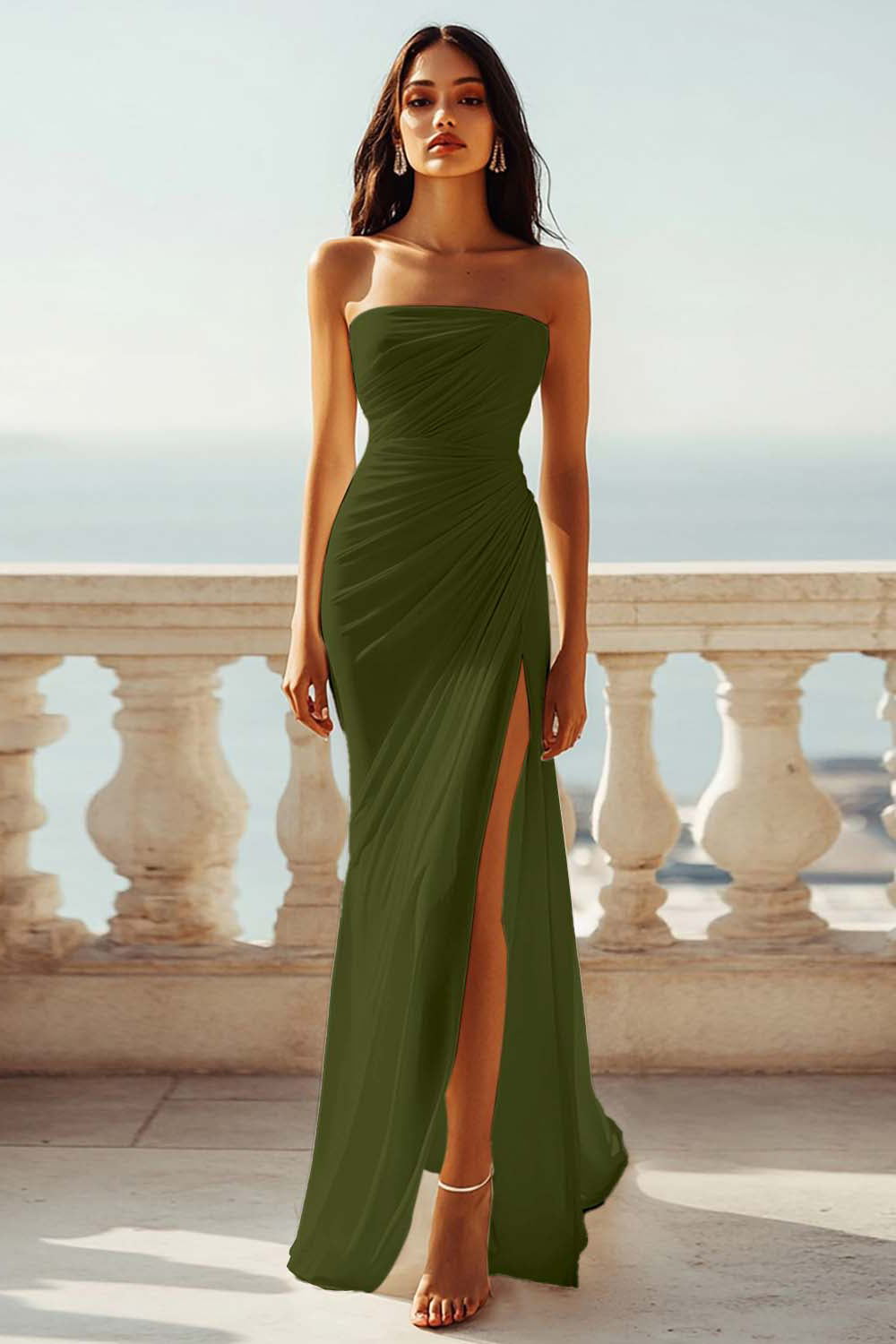 Ruched Strapless Chiffon Ivory Beach Engagement Dress with Slit