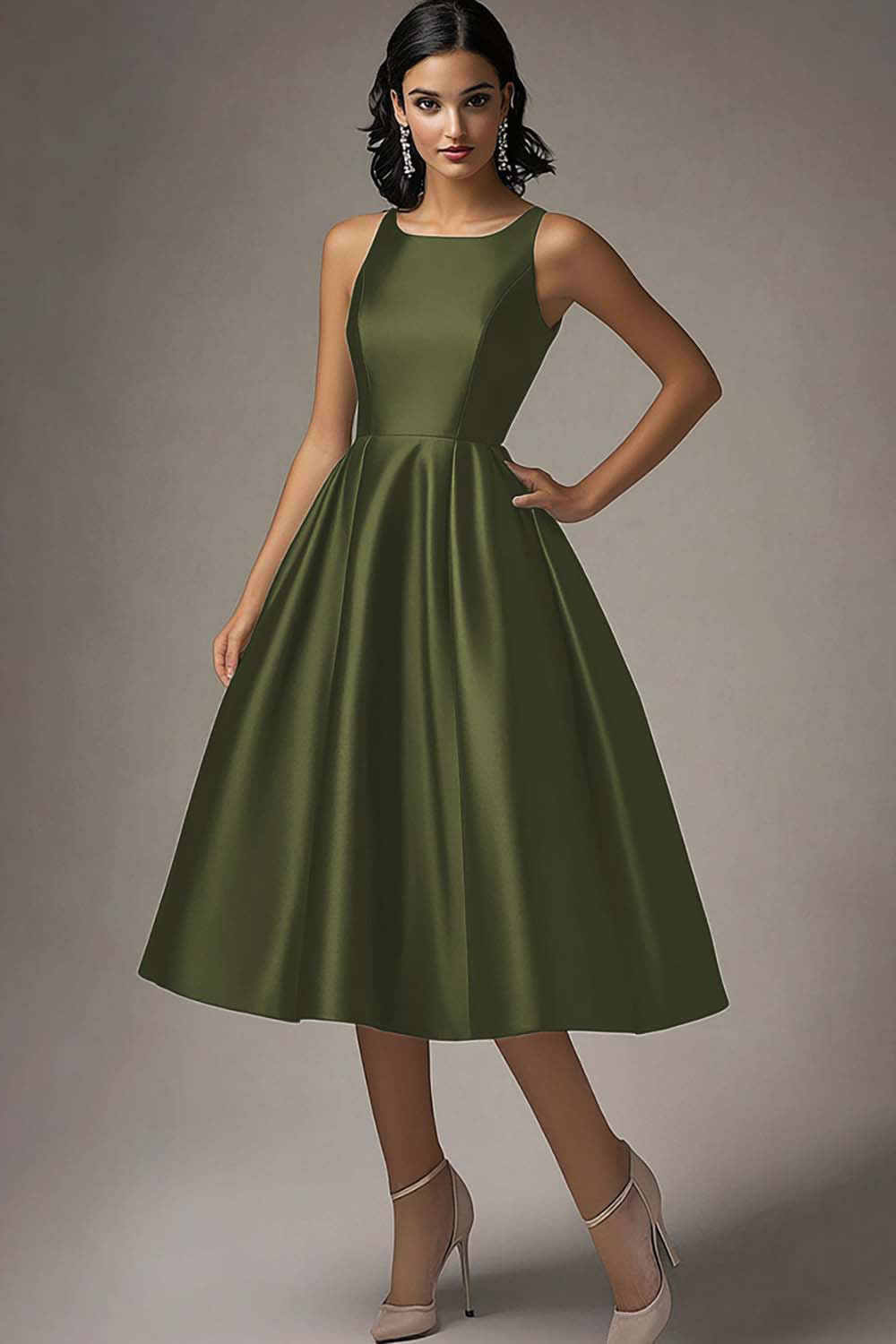 Black A Line Satin Ruched Midi Formal Dress