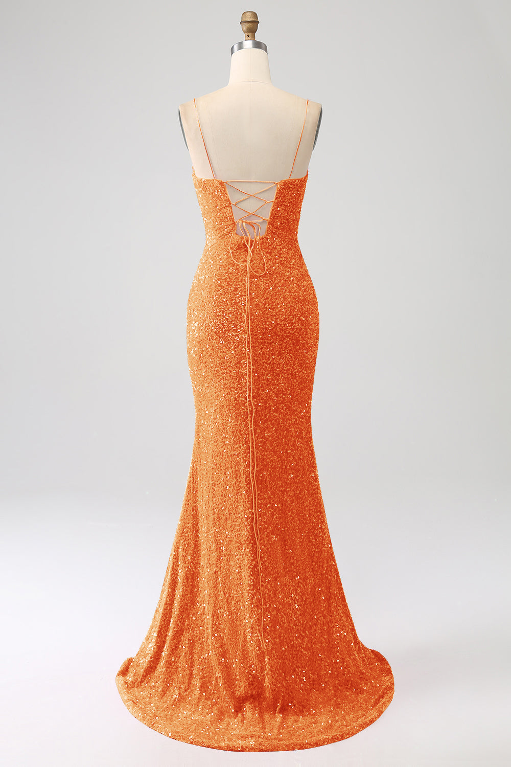 Robe de bal sirène marine à bretelles spaghetti avec sequins et fente