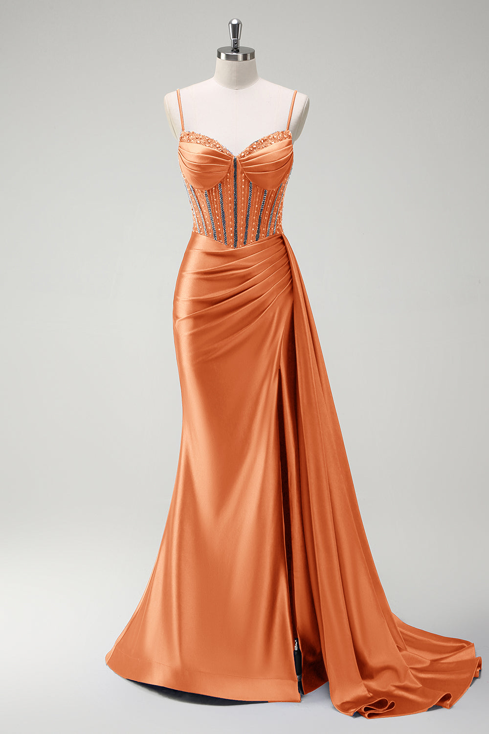 Robe longue de bal en satin plissée avec corset perlé sirène violet scintillant et fente