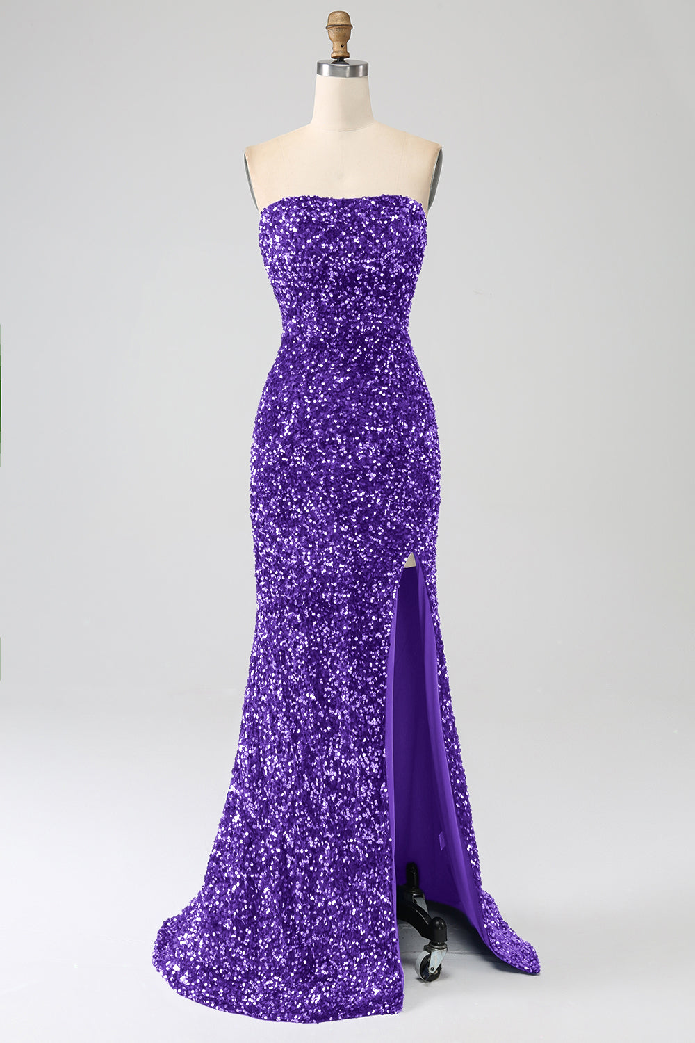 Robe de bal longue sirène à sequins lavande bustier avec fente