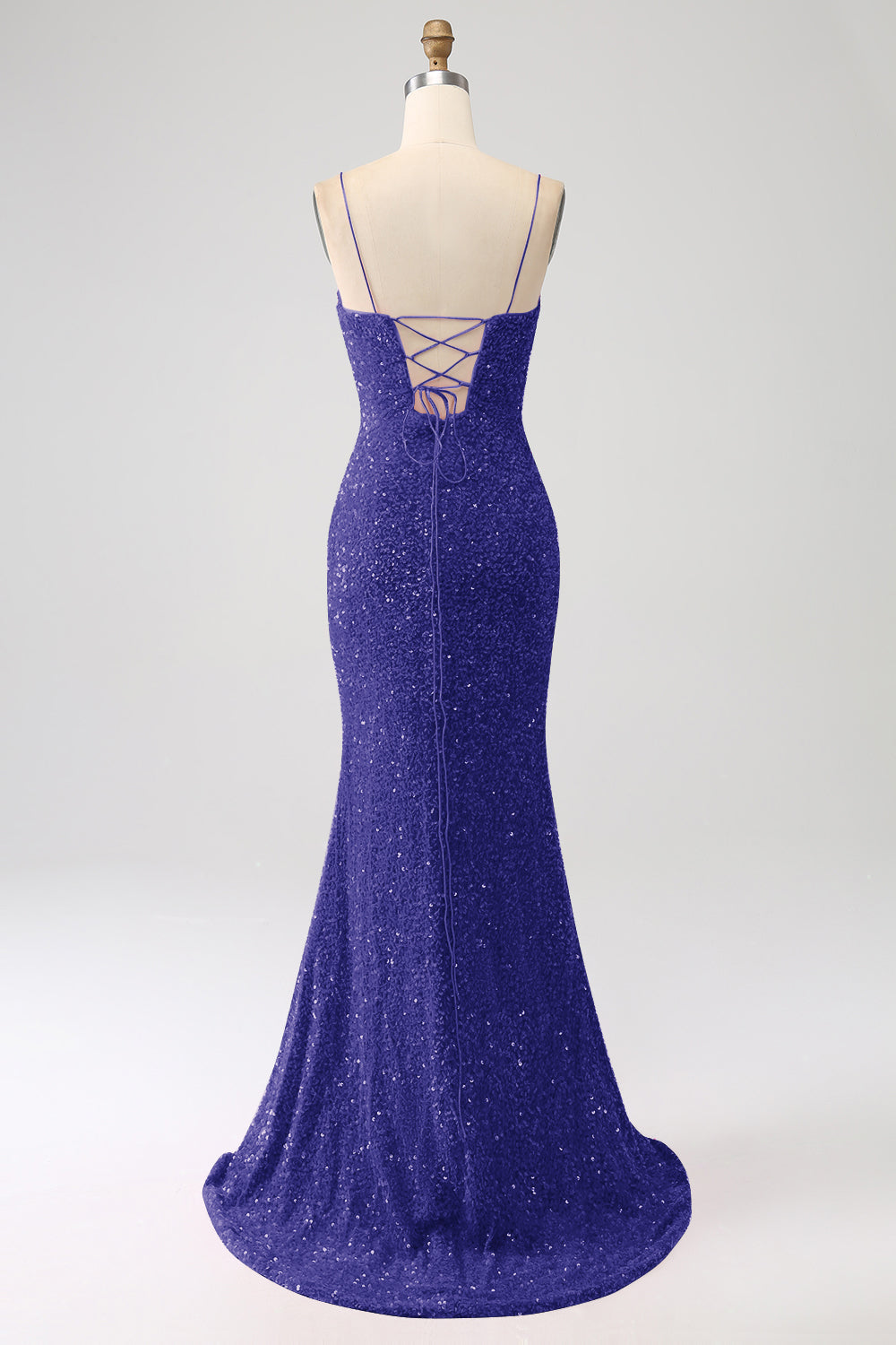 Robe de bal sirène marine à bretelles spaghetti avec sequins et fente