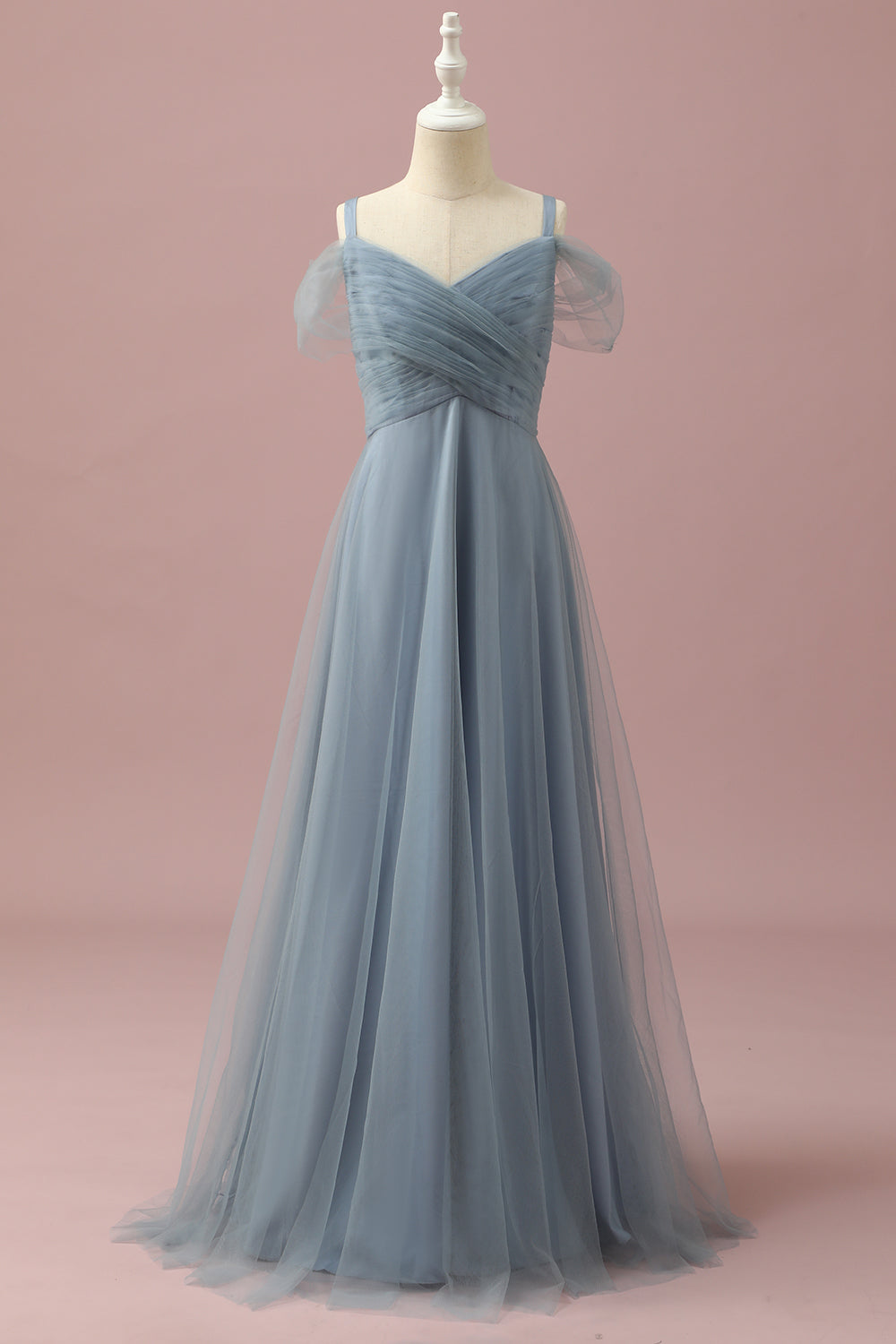 Robe en tulle gris-bleu à épaules dénudées pour demoiselle d'honneur junior