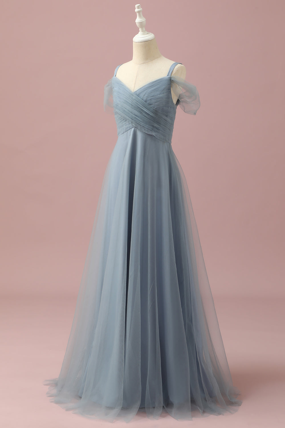 Robe en tulle gris-bleu à épaules dénudées pour demoiselle d'honneur junior