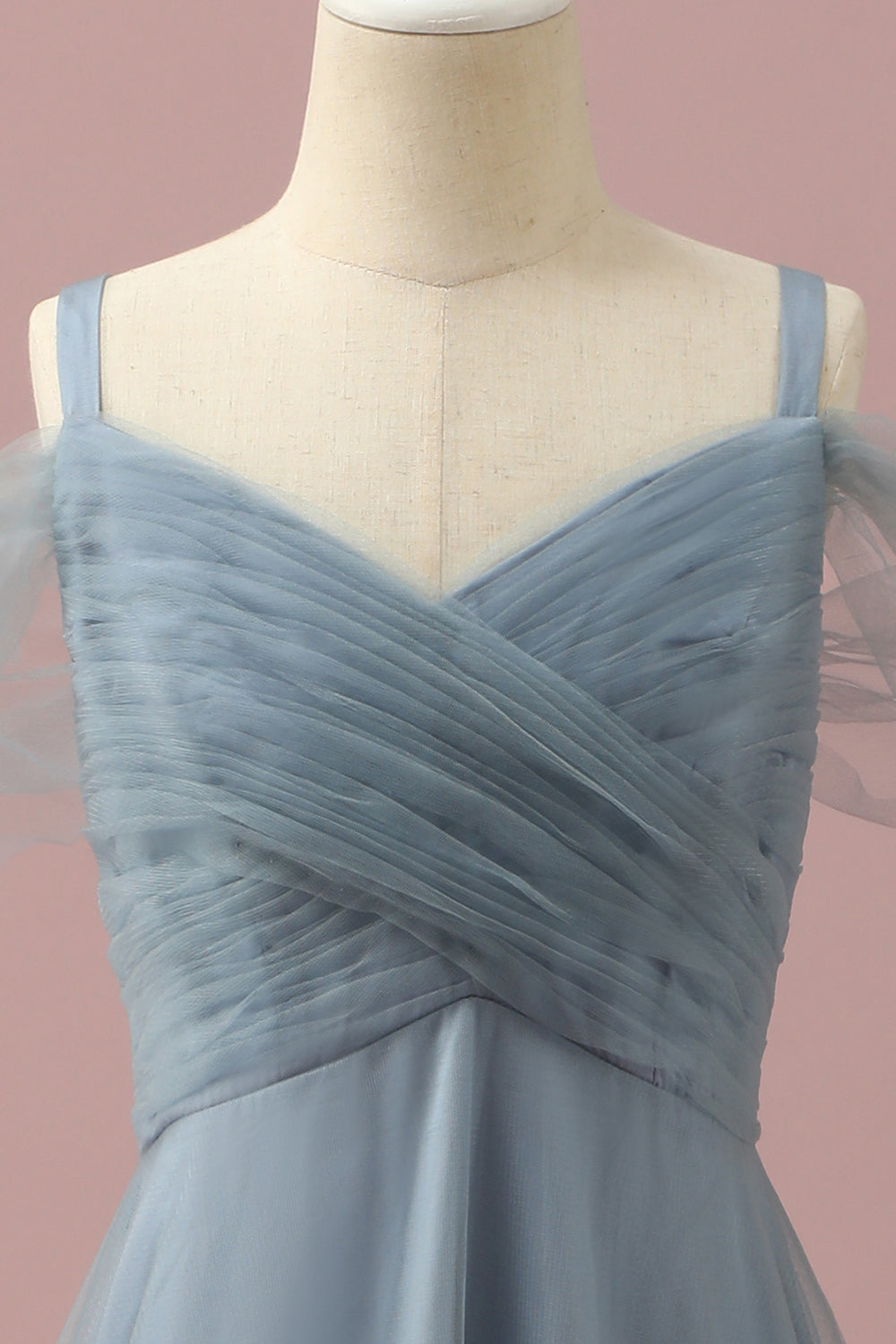Robe en tulle gris-bleu à épaules dénudées pour demoiselle d'honneur junior