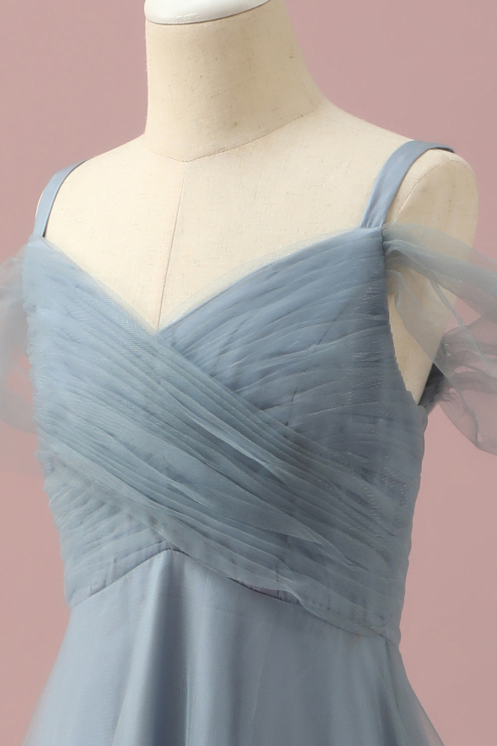 Robe en tulle gris-bleu à épaules dénudées pour demoiselle d'honneur junior
