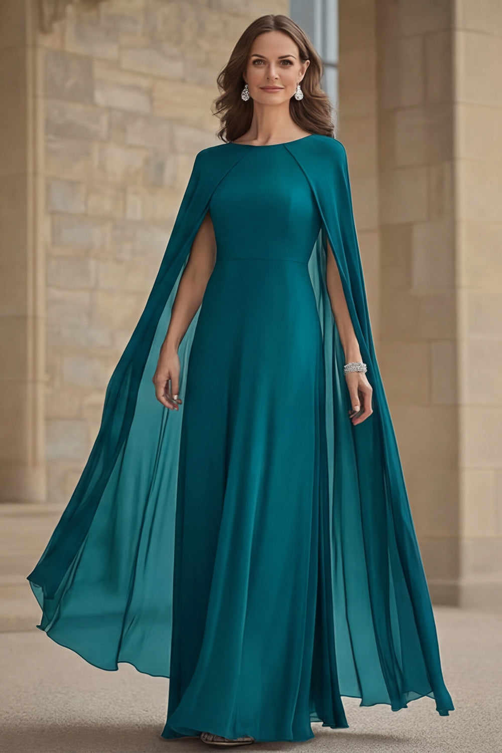 Navy Mermaid Chiffon Long Mother of the Bride Dress with Cape