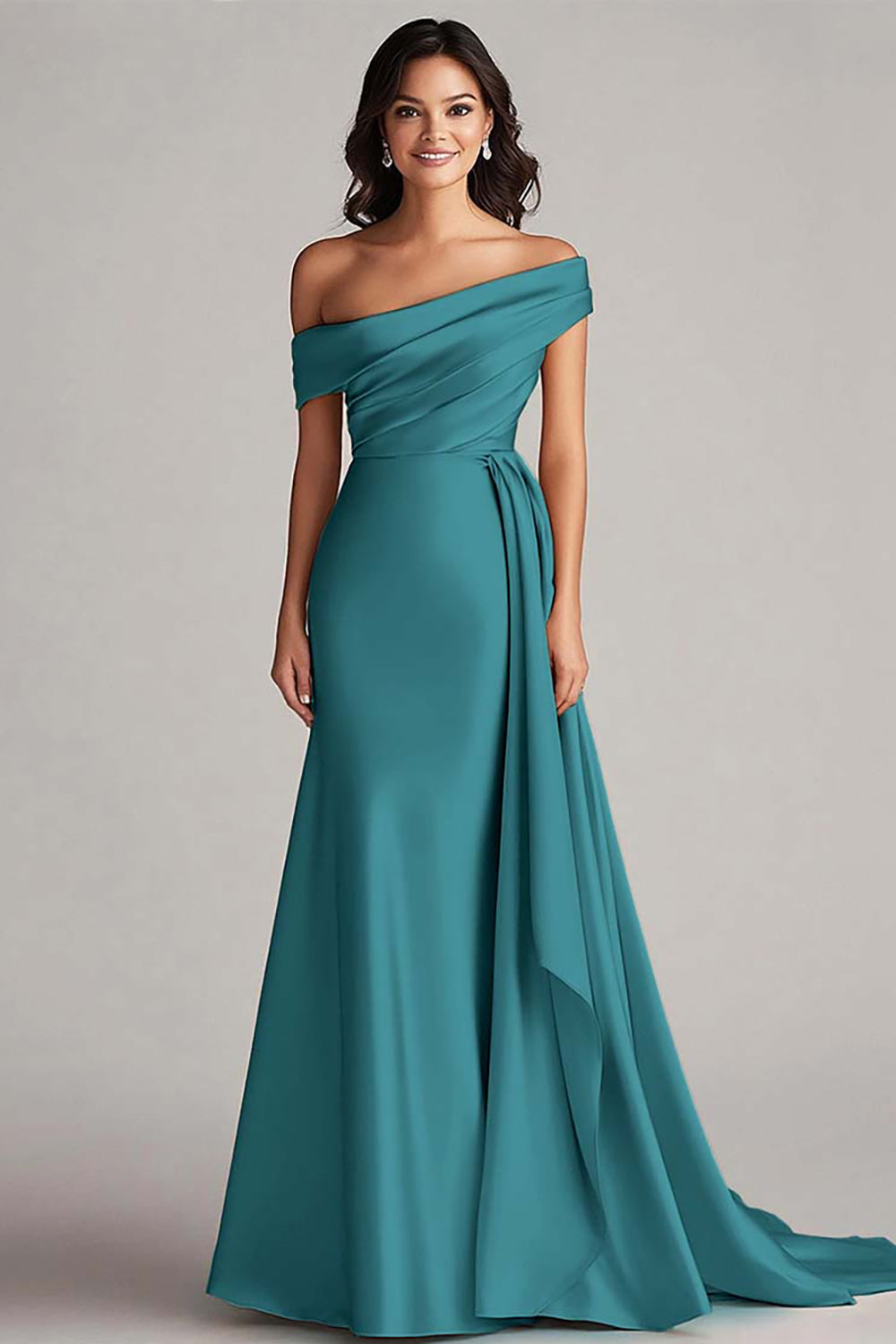 One-Shoulder Pleated Champagne Sheath Long Formal Dress