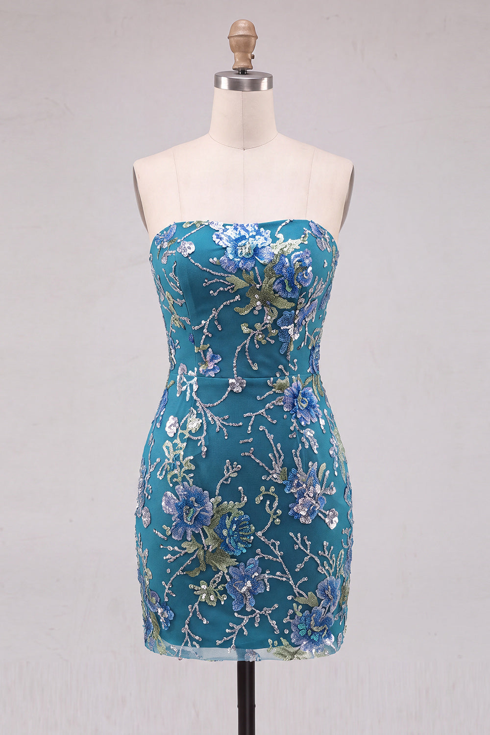 Pink Bodycon Strapless Floral Sequins Short Cocktail Dress