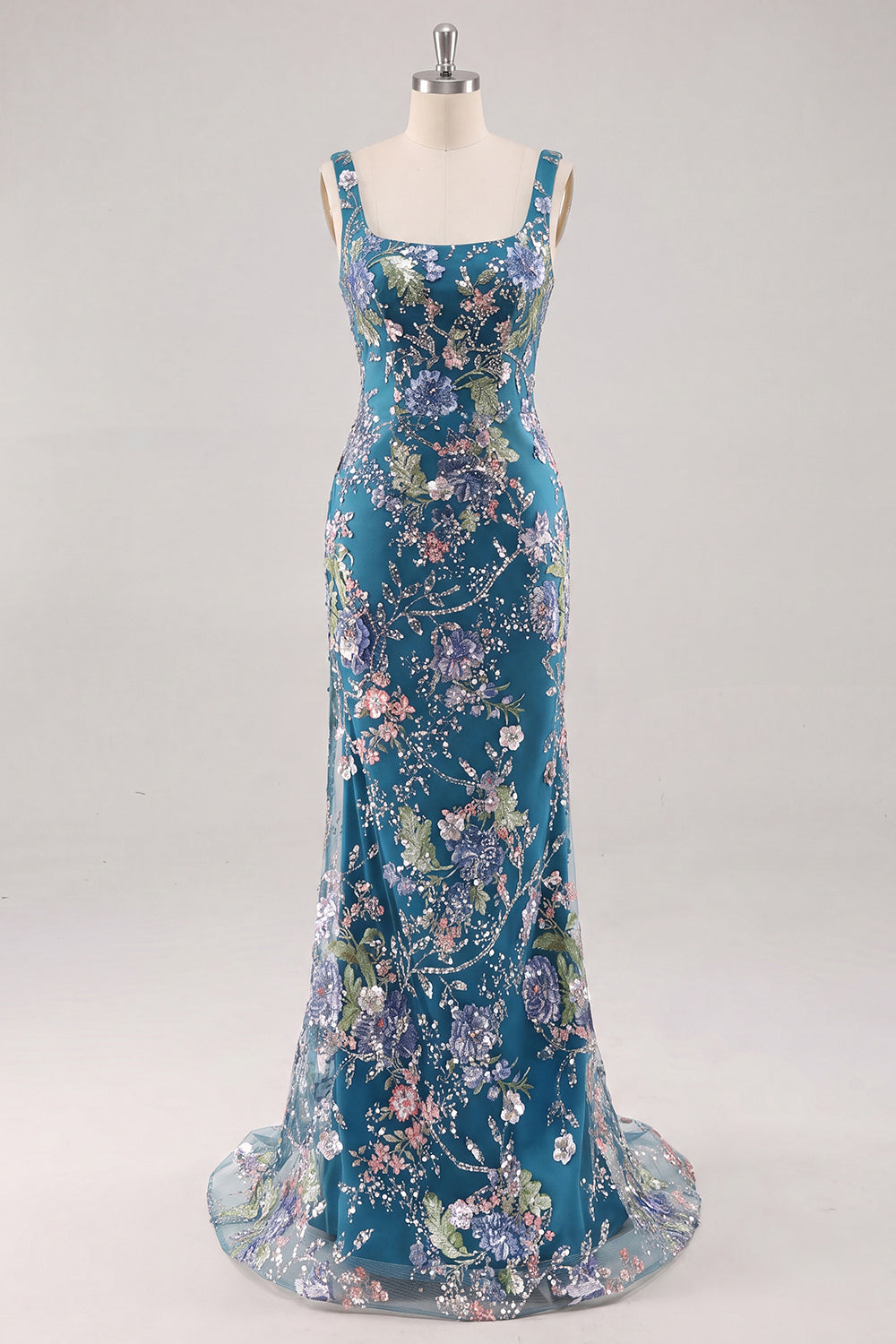 Robe de bal sirène longue rose à col carré, ornée de fleurs et de perles