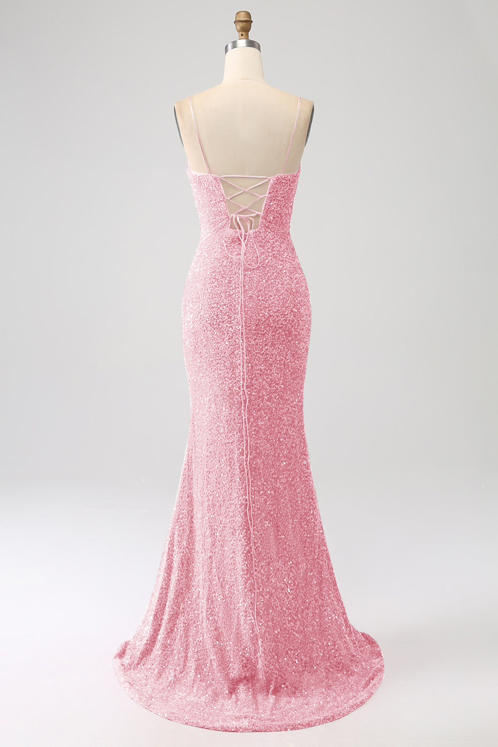 Robe de bal sirène marine à bretelles spaghetti avec sequins et fente