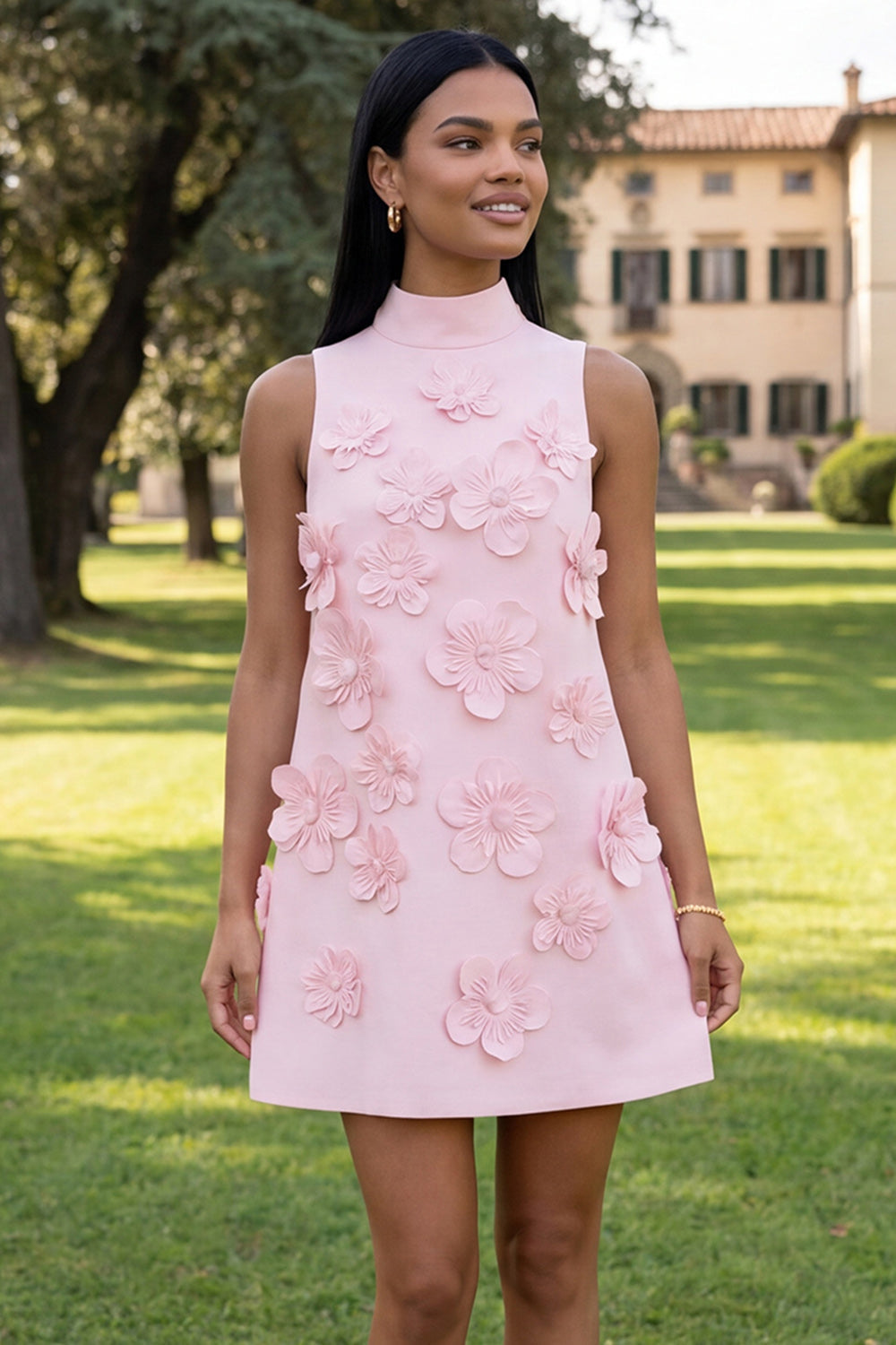 Hot Pink High Neck A-Line Homecoming Dress with 3D Flowers