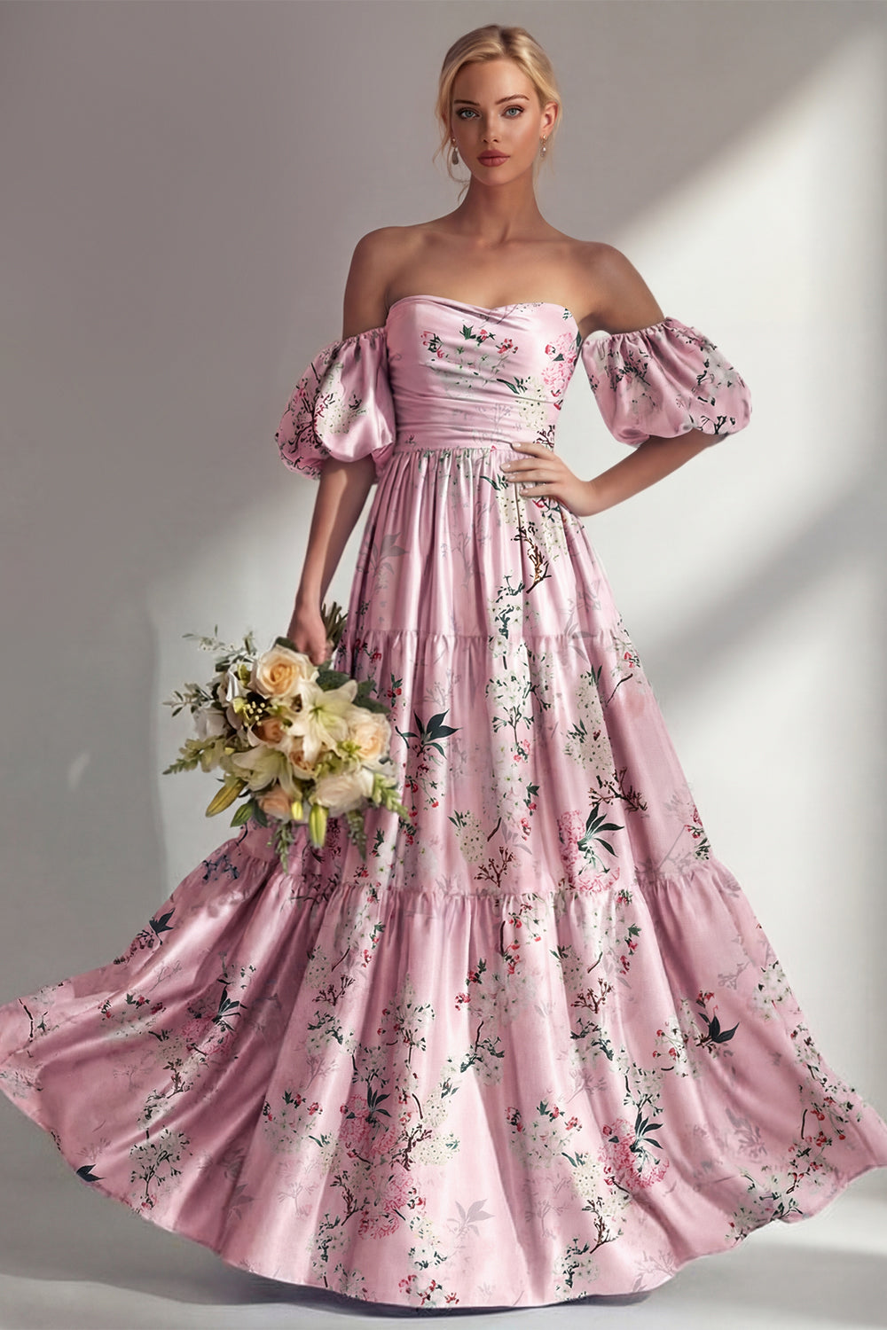 Robe longue de demoiselle d'honneur trapèze rose sans bretelles à fleurs avec manches bouffantes