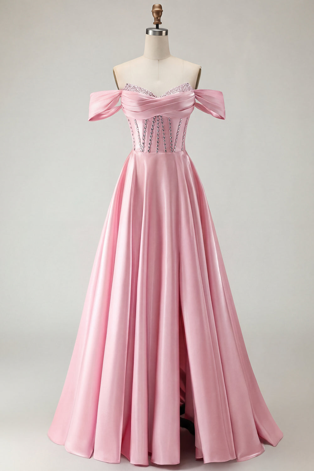 Robe de bal longue en tulle violet avec corset, épaules dénudées, perles, ligne A et fente