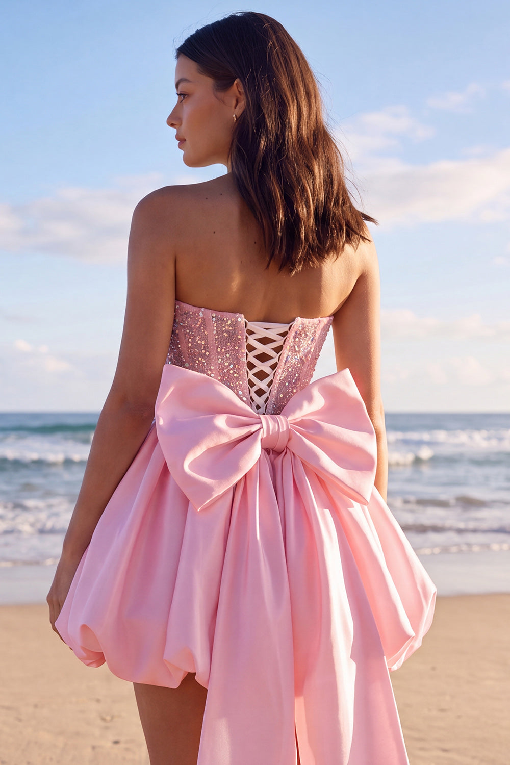 Sprakly Strapless Beaded A Line Corset Little White Dress with Bow