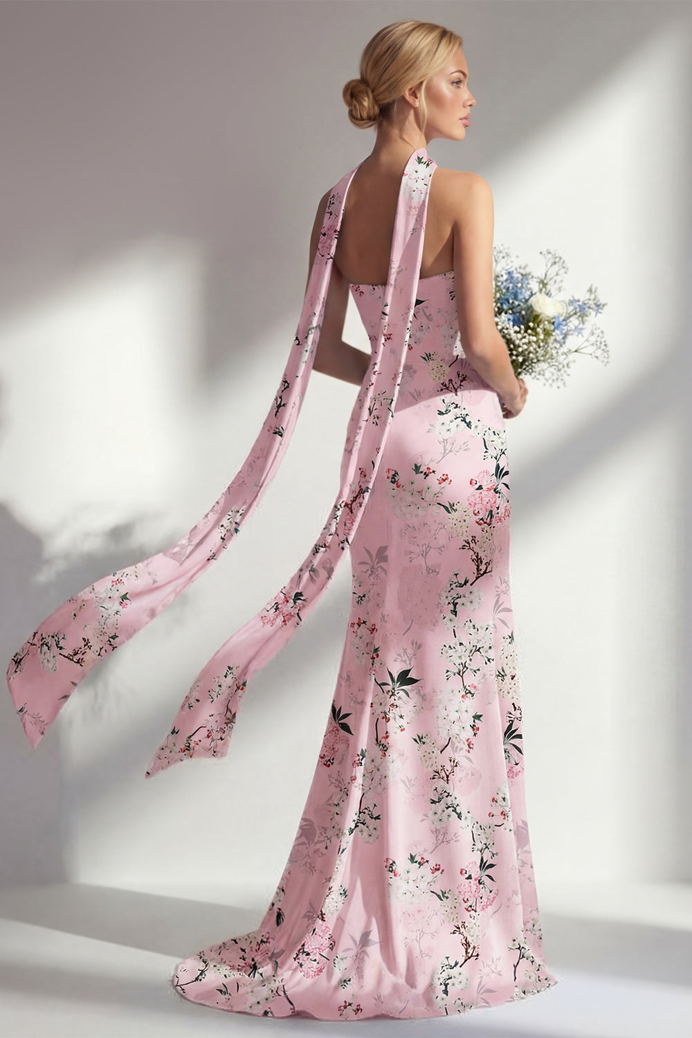Vestido largo de dama de honor de sirena rosa sin tirantes con estampado floral y abertura