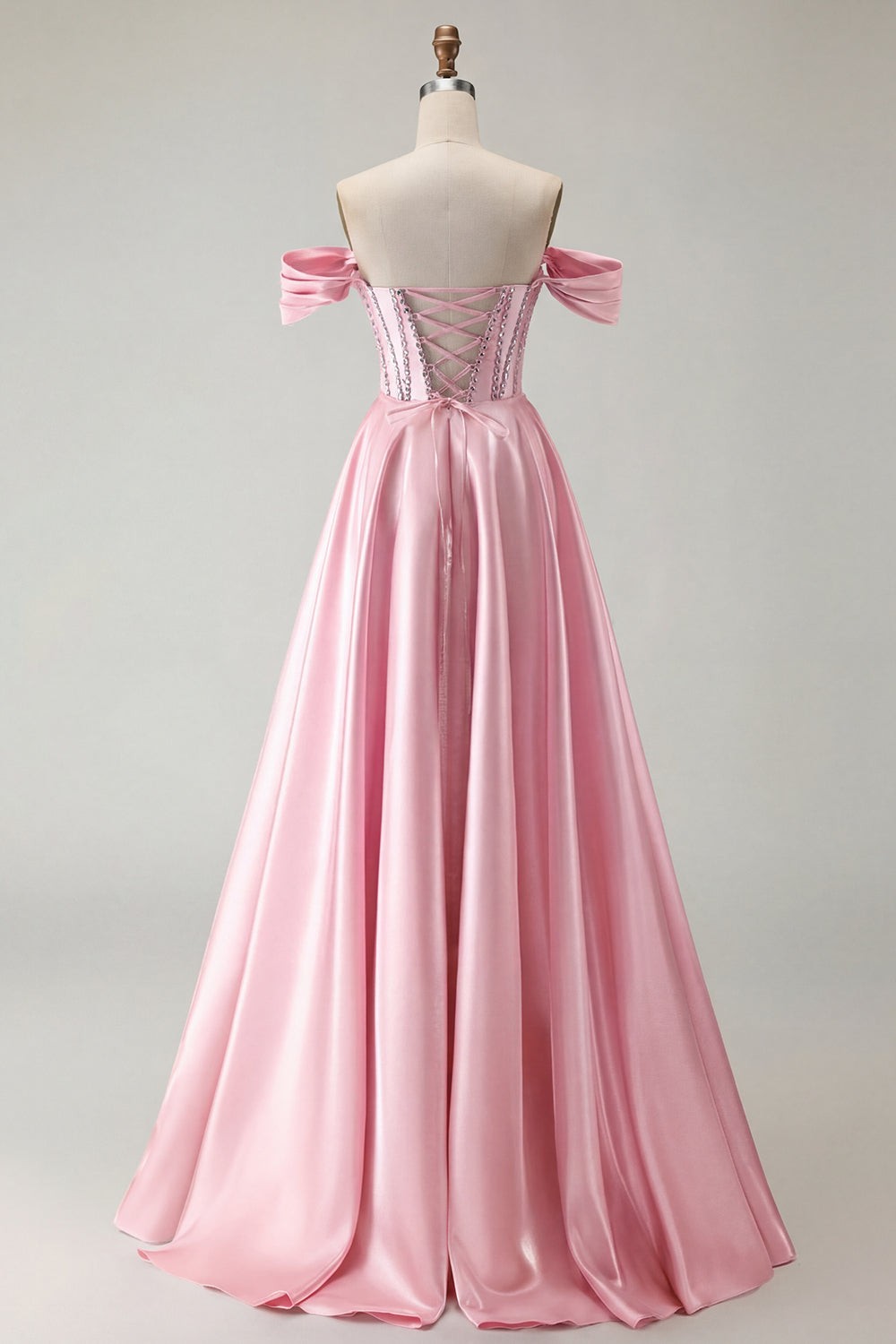 Robe de bal longue en tulle violet avec corset, épaules dénudées, perles, ligne A et fente