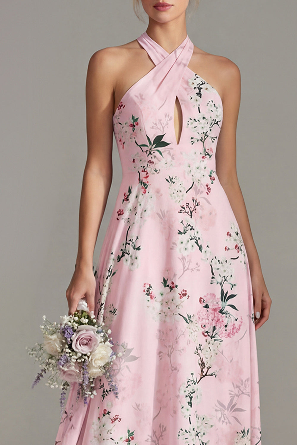 Pink A-Line Halter Neck Floral Long Bridesmaid Dress