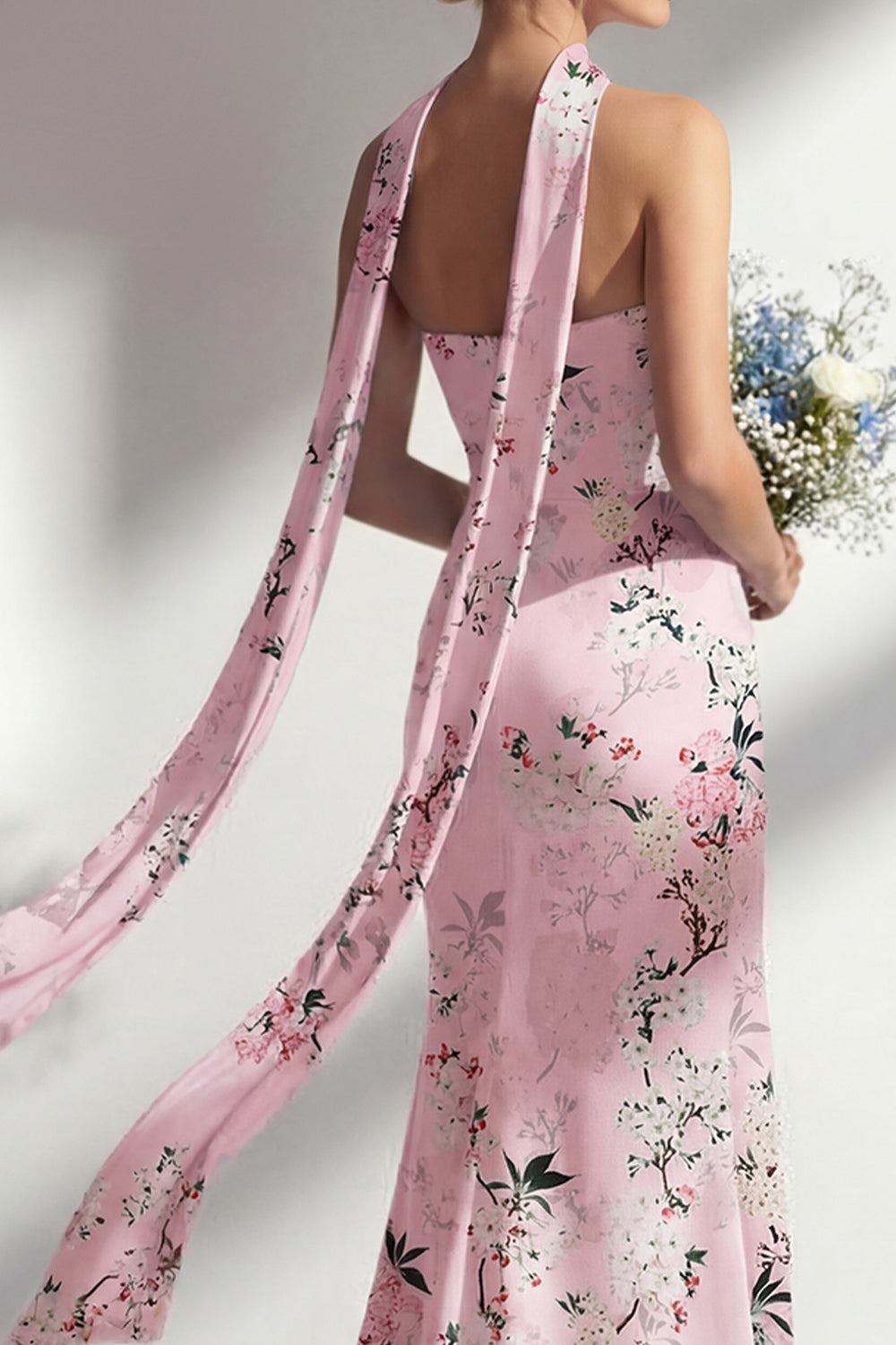Vestido largo de dama de honor de sirena rosa sin tirantes con estampado floral y abertura